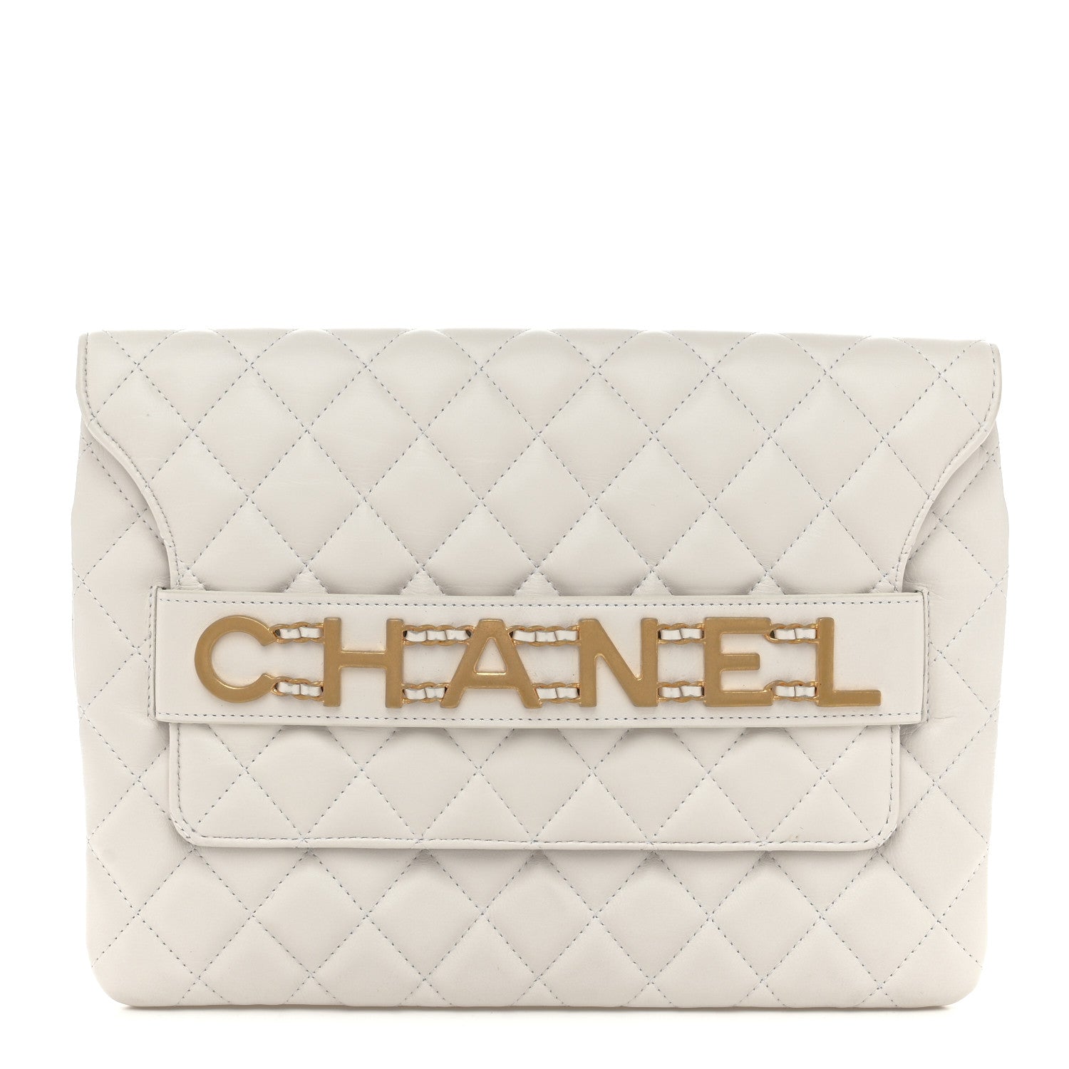 Calfskin Quilted Enchained Clutch White