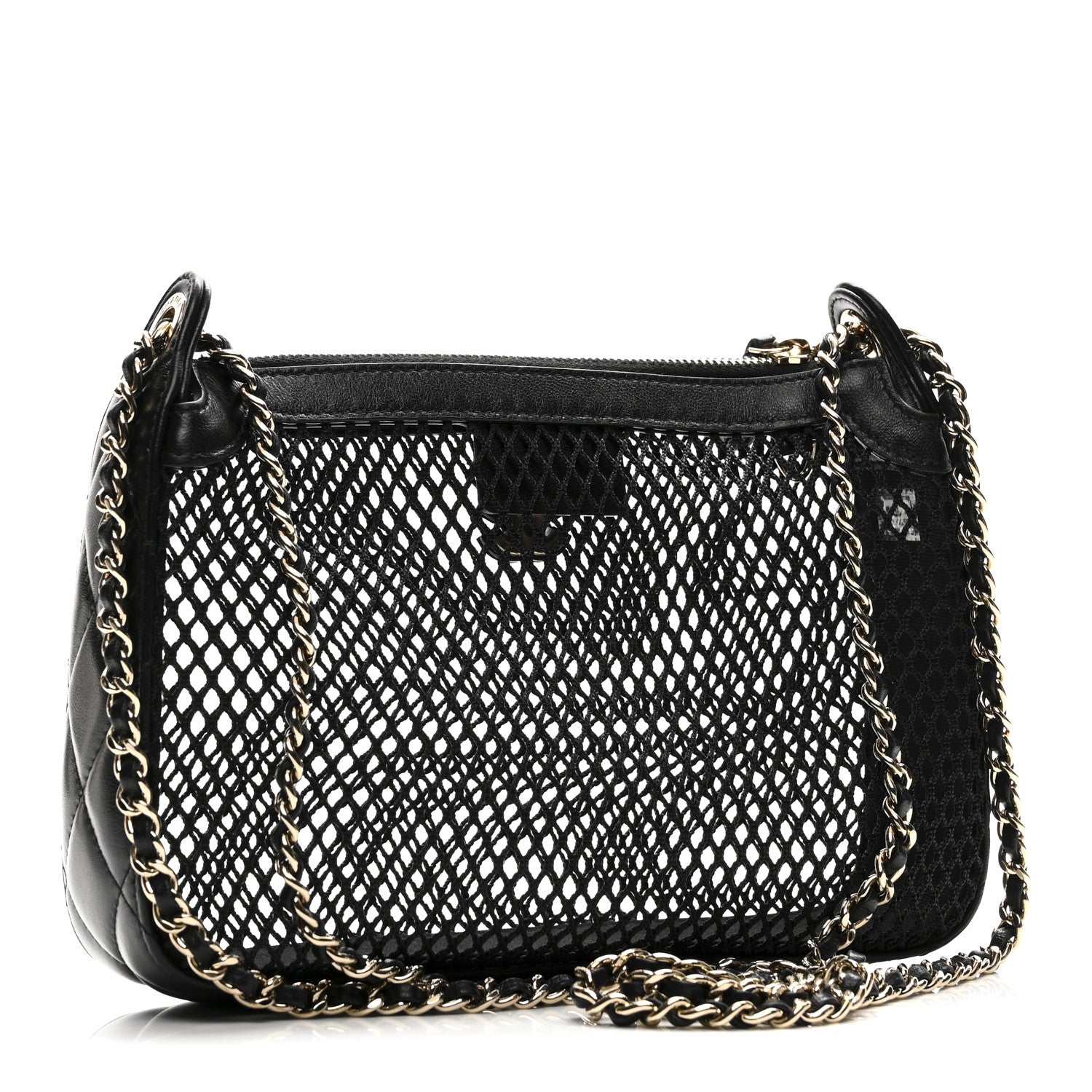 Mesh Shiny Lambskin Clutch With Chain  Black
