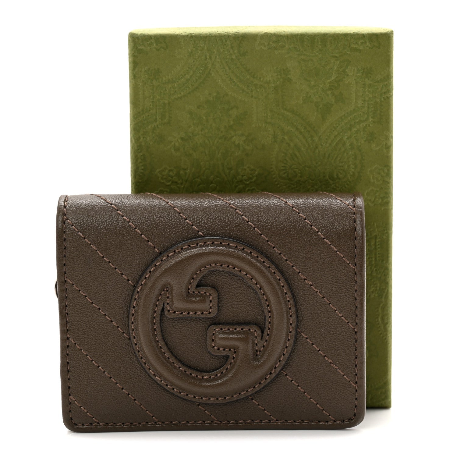 Sakai Be Green Calfskin Diagonal Stitched Blondie Card Case Wallet Craclet Brown