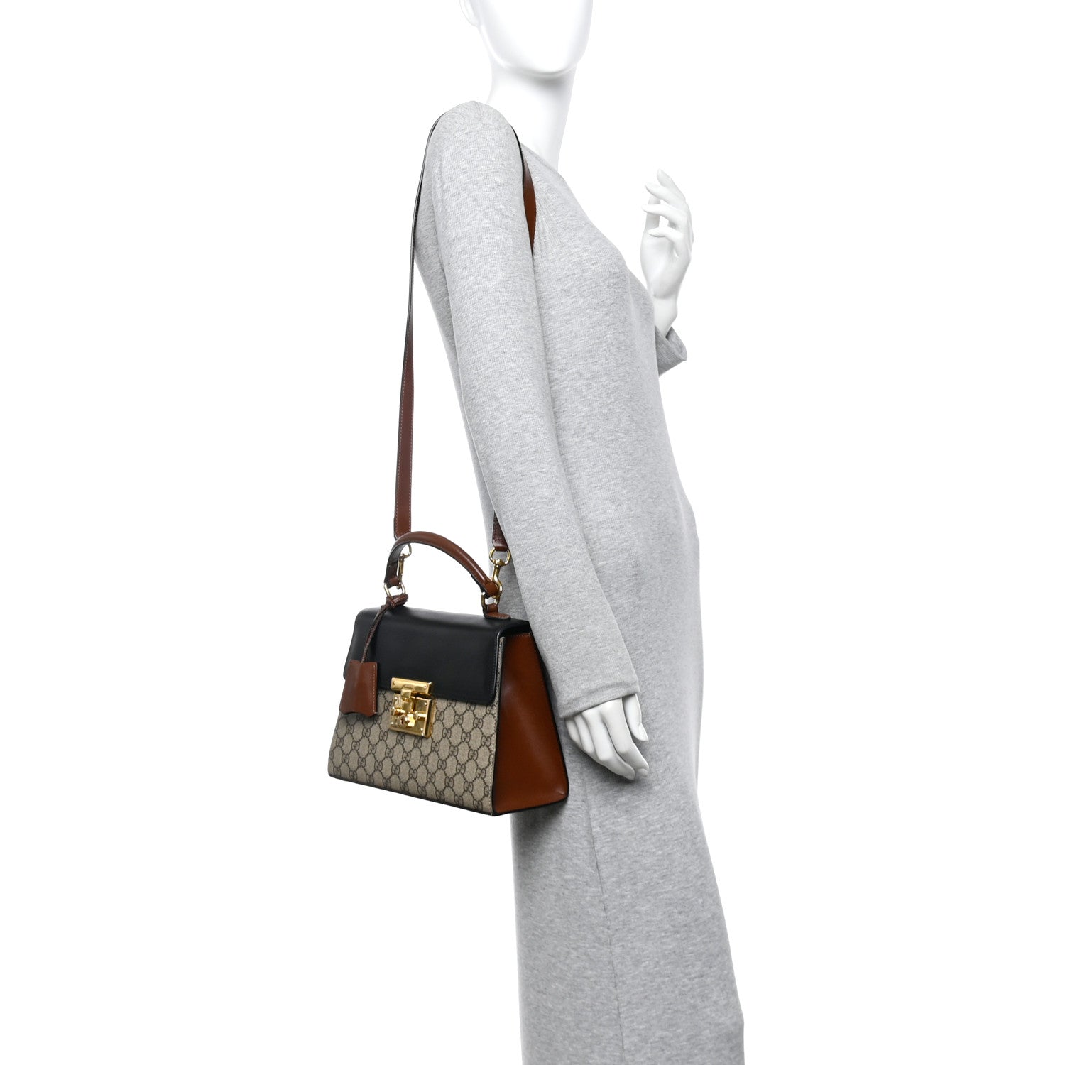 GG Supreme Monogram Calfskin Small Padlock Top Handle Bag Beige Black Cuir
