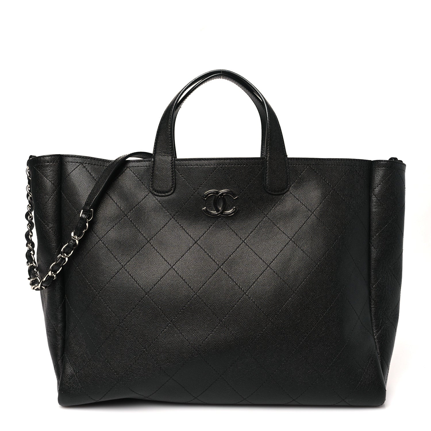 Caviar Stitched Large Lady Coco Shopping Tote Black