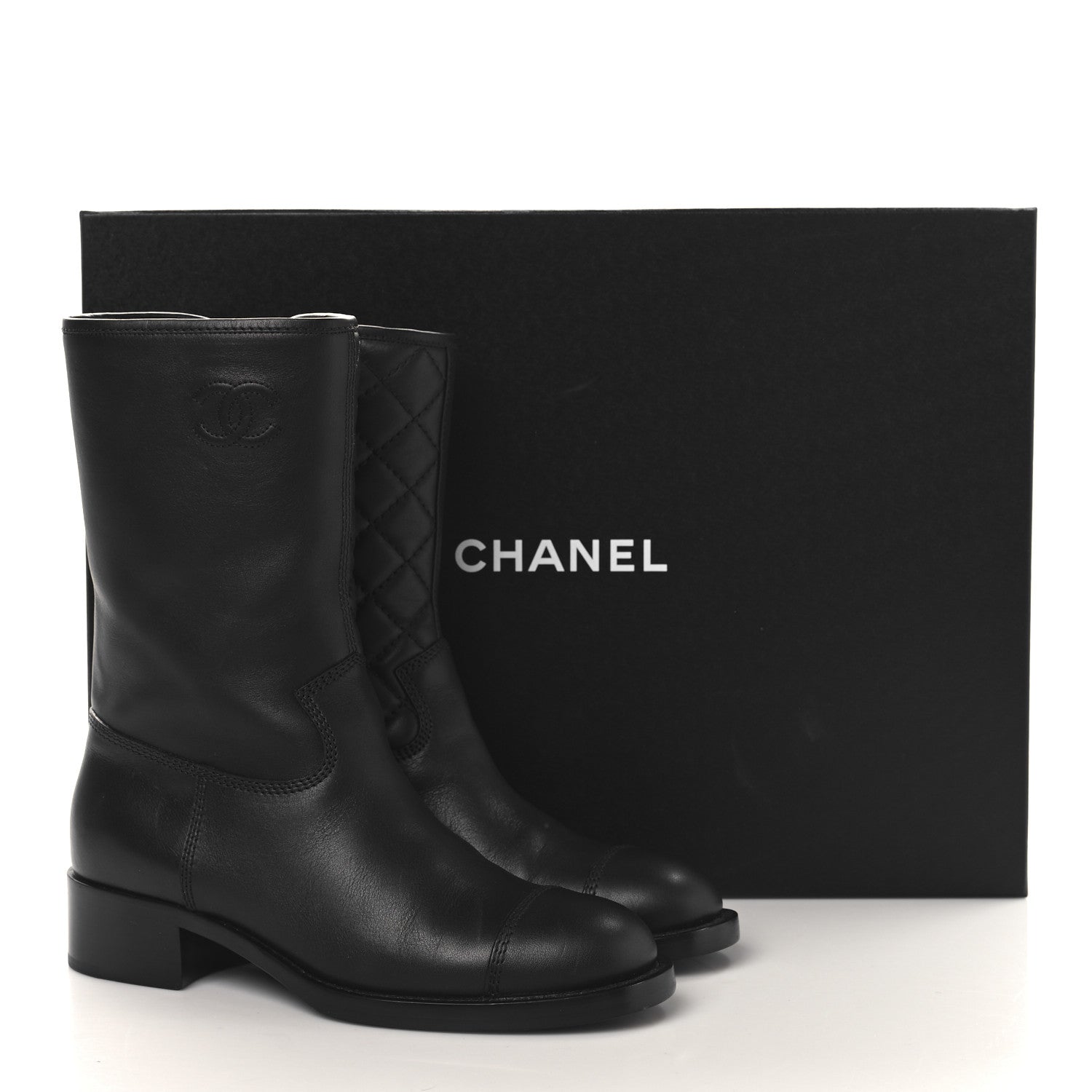 Calfskin Quilted CC Logo Mid Calf Boots 39 Black