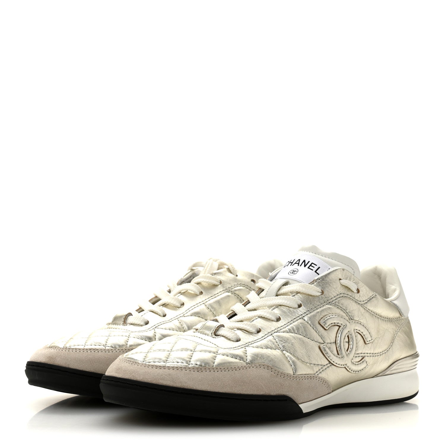 Laminated Calfskin Suede Quilted Womens CC Sneakers 39 Silver White Gray