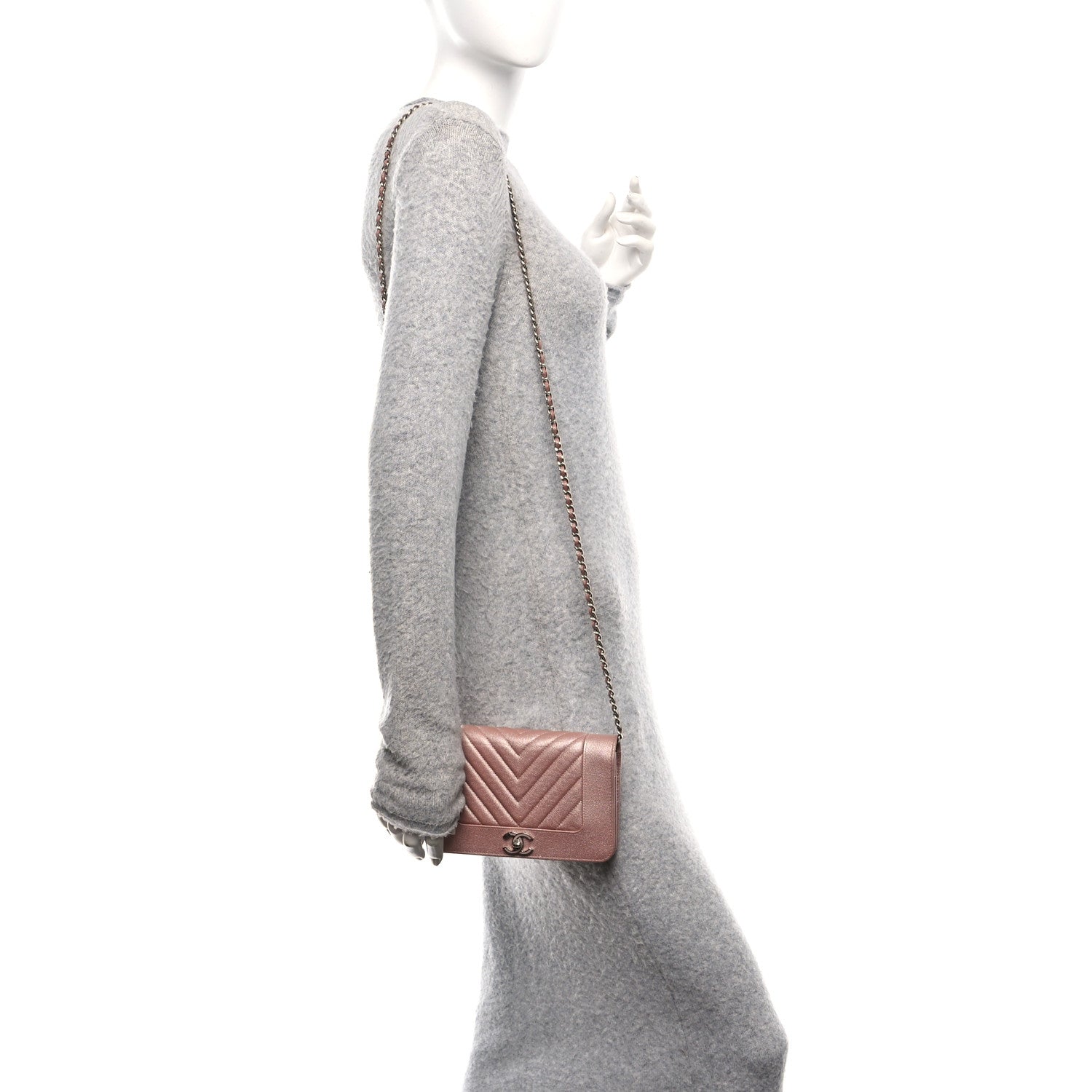 Metallic Caviar Chevron Quilted Vintage Mademoiselle Wallet On Chain WOC Pink
