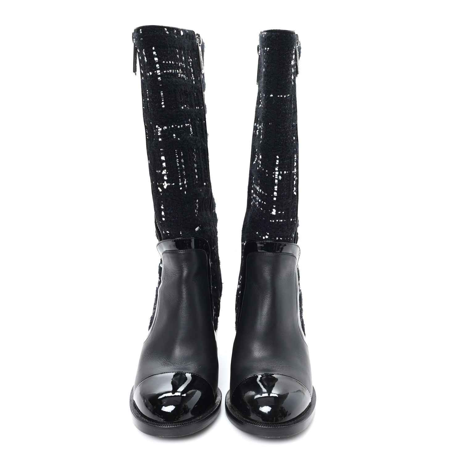 Tweed Calfskin Patent Cap Toe CC High Boots 37.5 Black Navy White