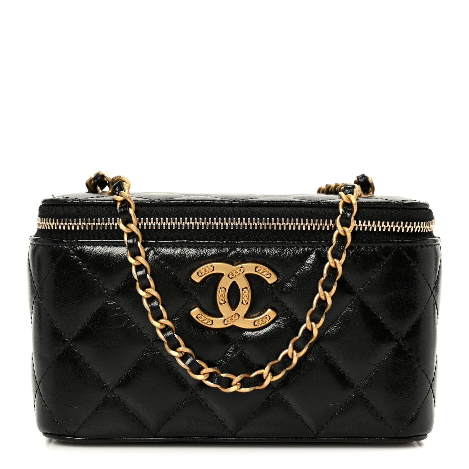 Shiny Lambskin Quilted CC Links Small Vanity Case With Chain Black