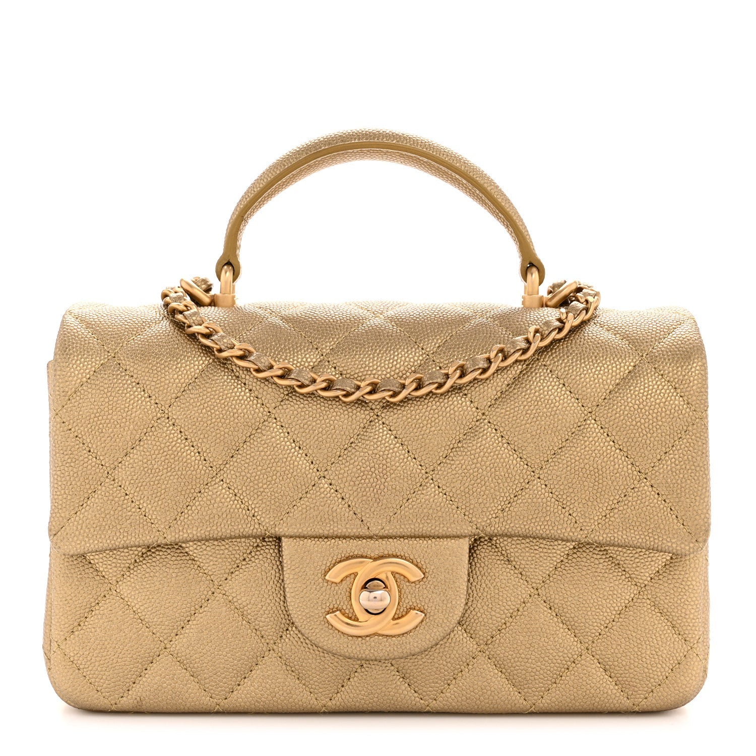 Metallic Caviar Quilted Mini Top Handle Rectangular Flap Gold