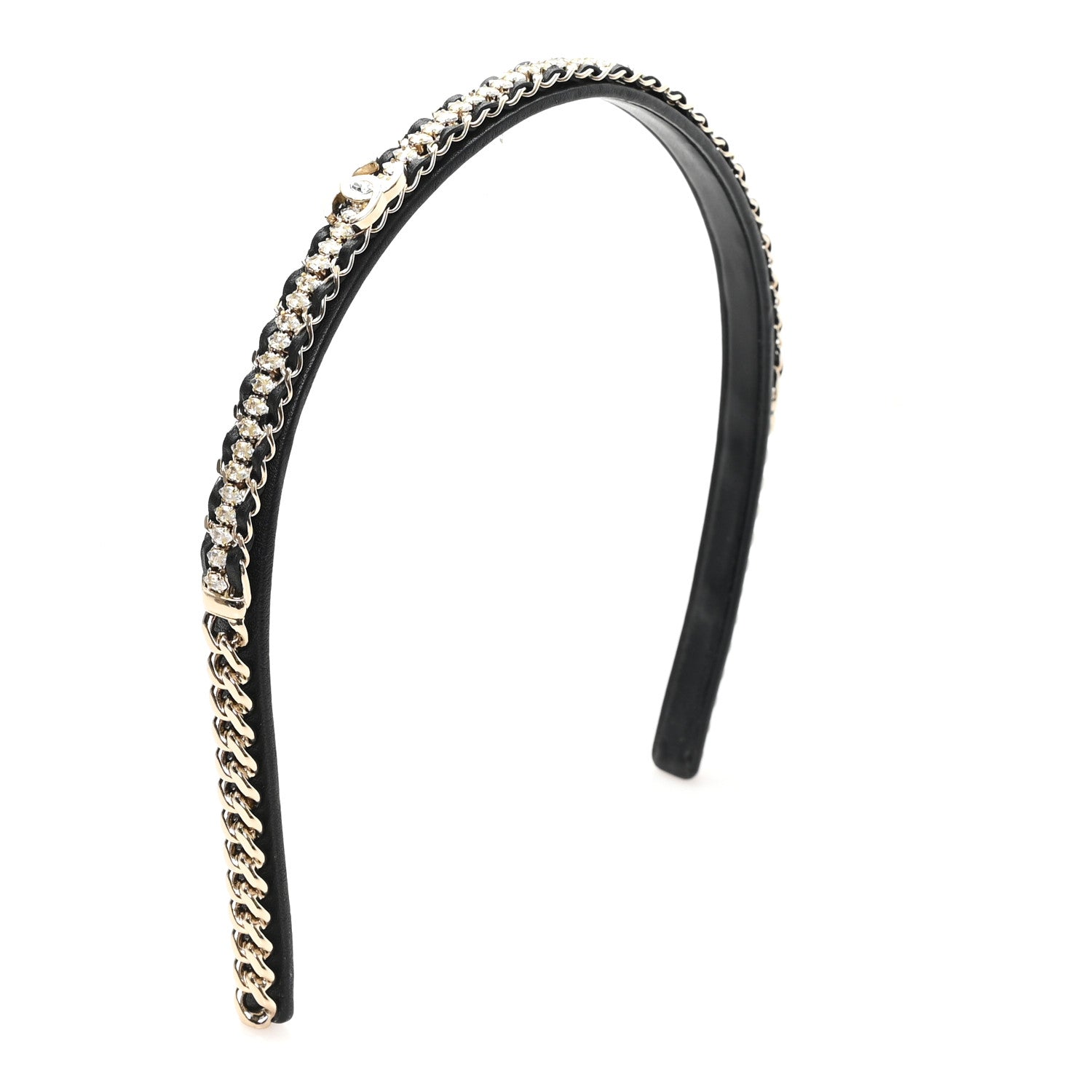 Metal Lambskin Crystal CC Chain Headband Gold Black
