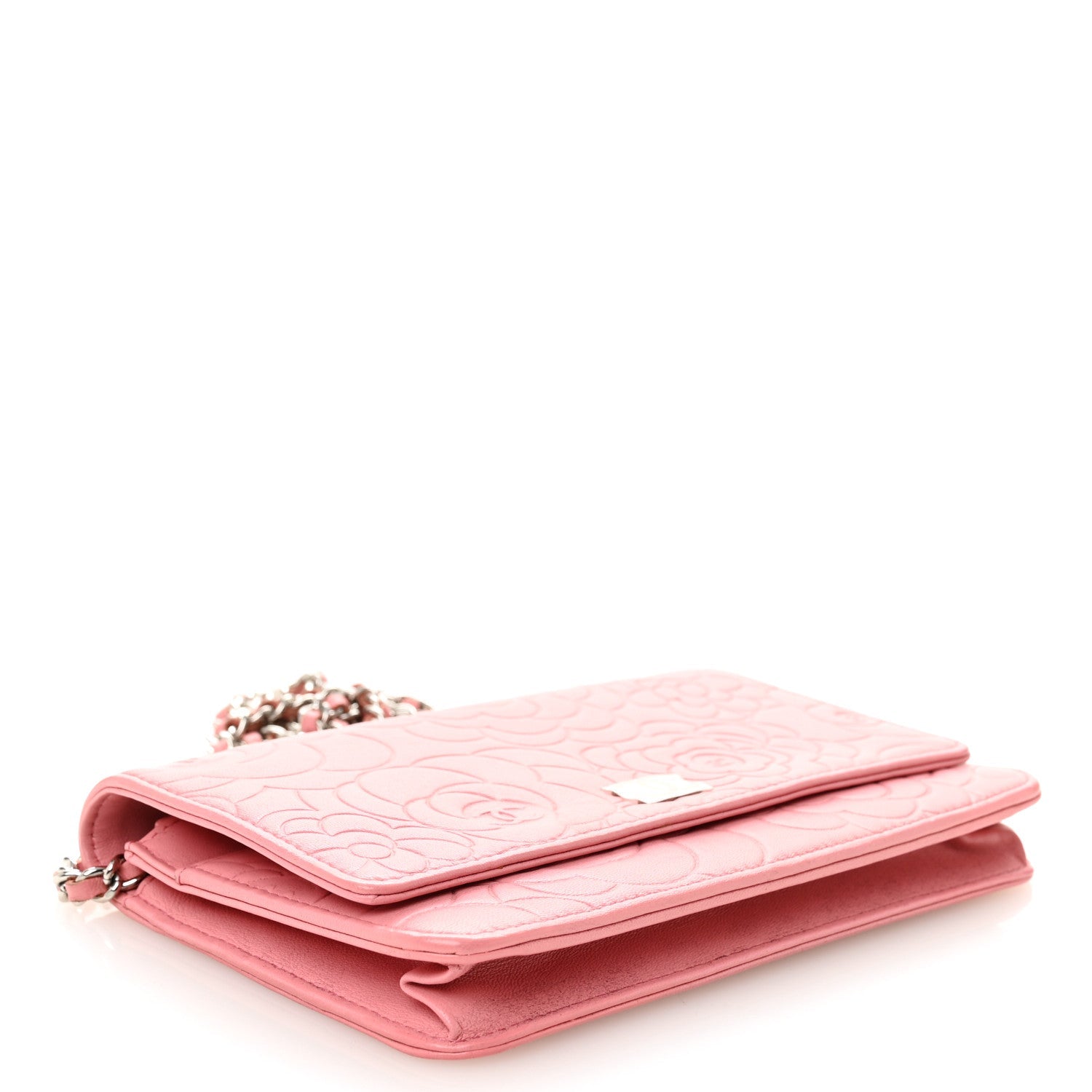 Lambskin Camellia Embossed Wallet on Chain WOC Pink