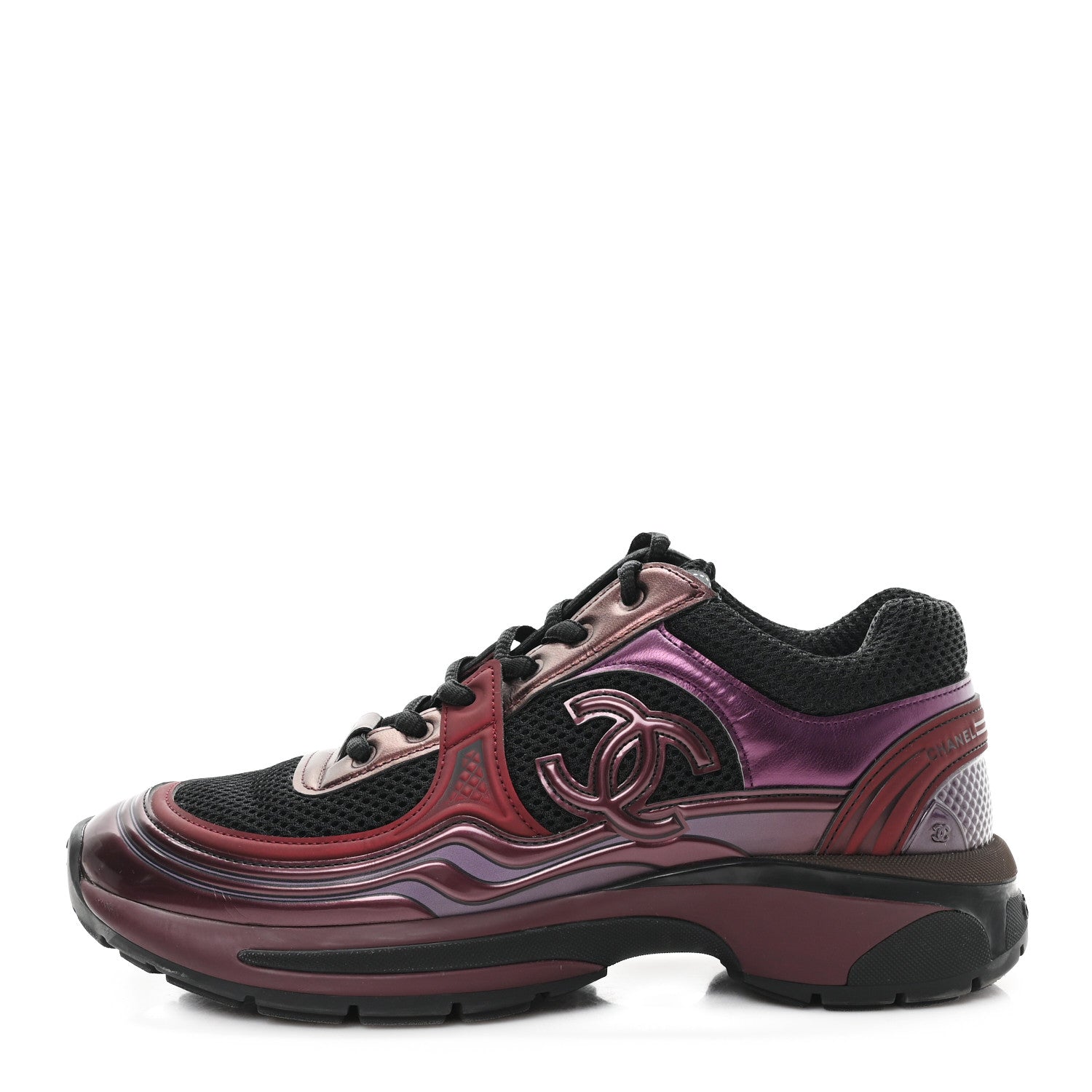 Fabric Laminated Calfskin Stretch CC Womens Sneakers 37.5 Black Purple Burgundy