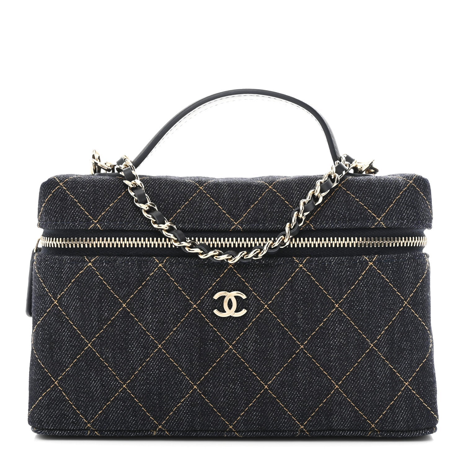 Denim Quilted Top Handle Slim Vanity Case With Chain Dark Blue Orange