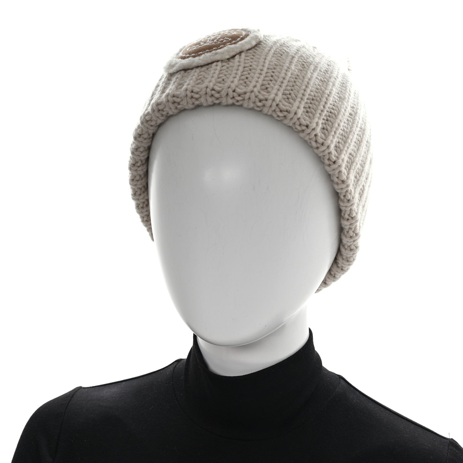 Wool Cashmere Sheepskin Shearling CC Patch Beanie Hat  Ecru Dark Beige