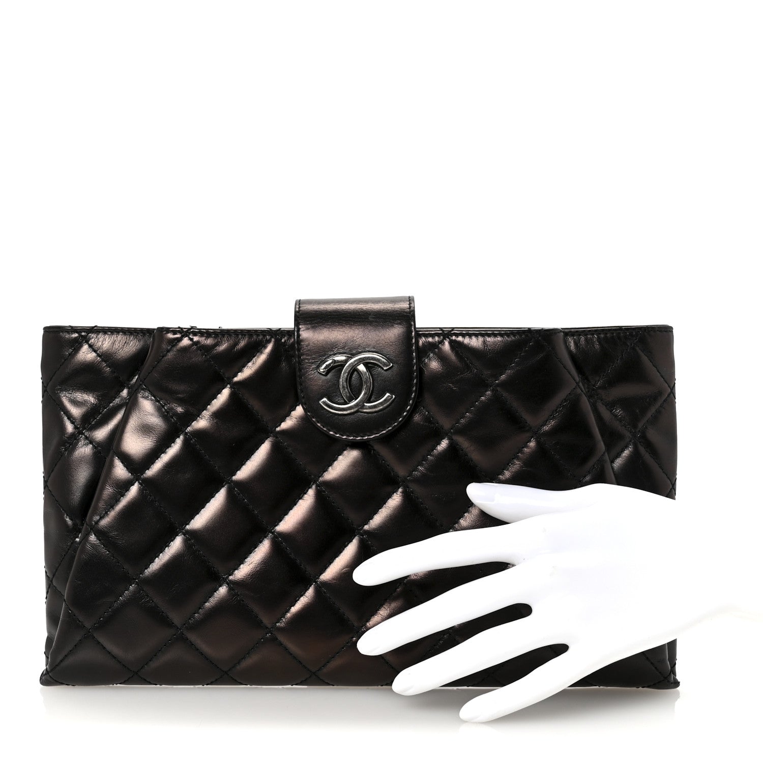 Glazed Calfskin Quilted Coco Pleats Clutch Black