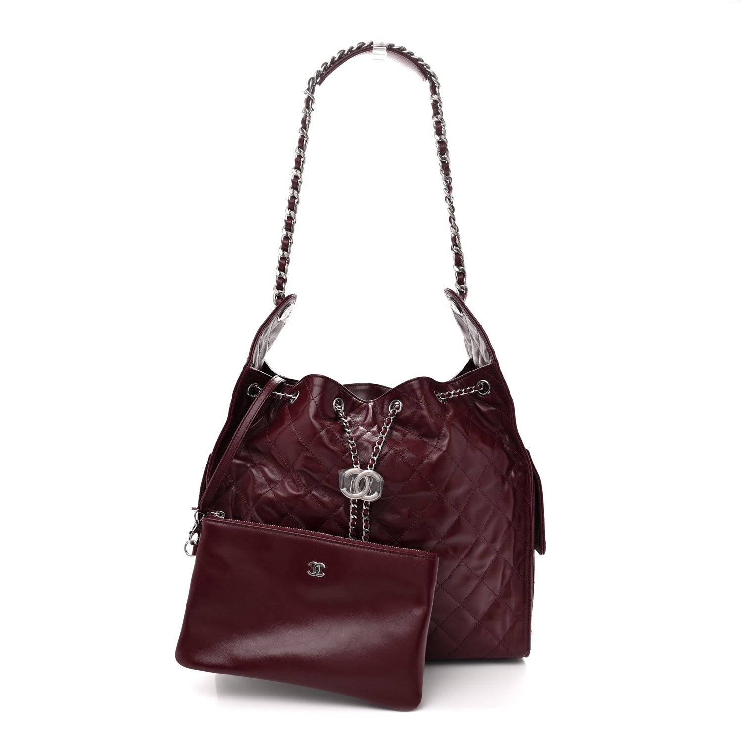 Shiny Crumpled Calfskin Quilted Medium Chanel 25 Handbag Dark Burgundy