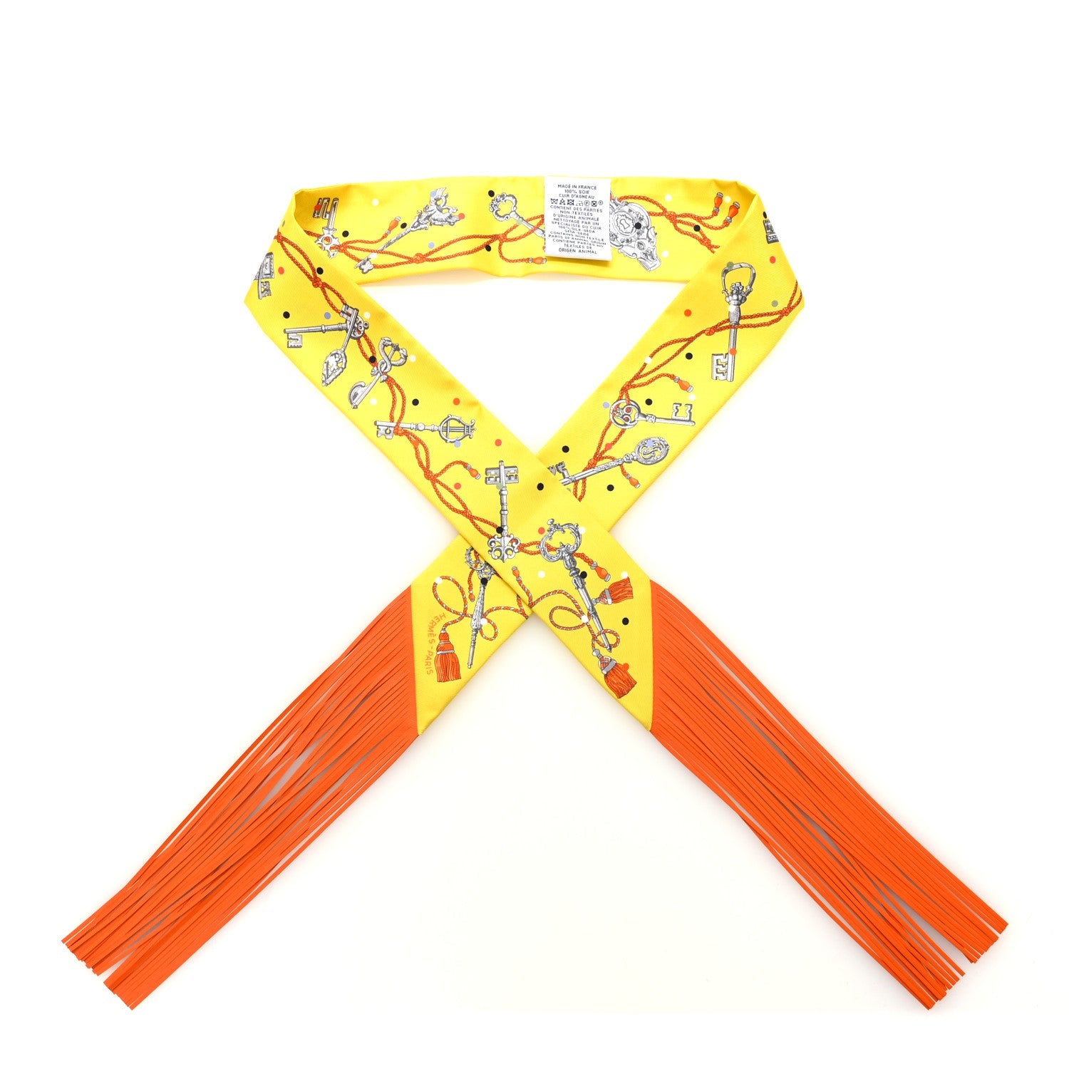 Silk Agneau Les Cles A Pois Fringed Twilly Jaune Argent Orange Vif