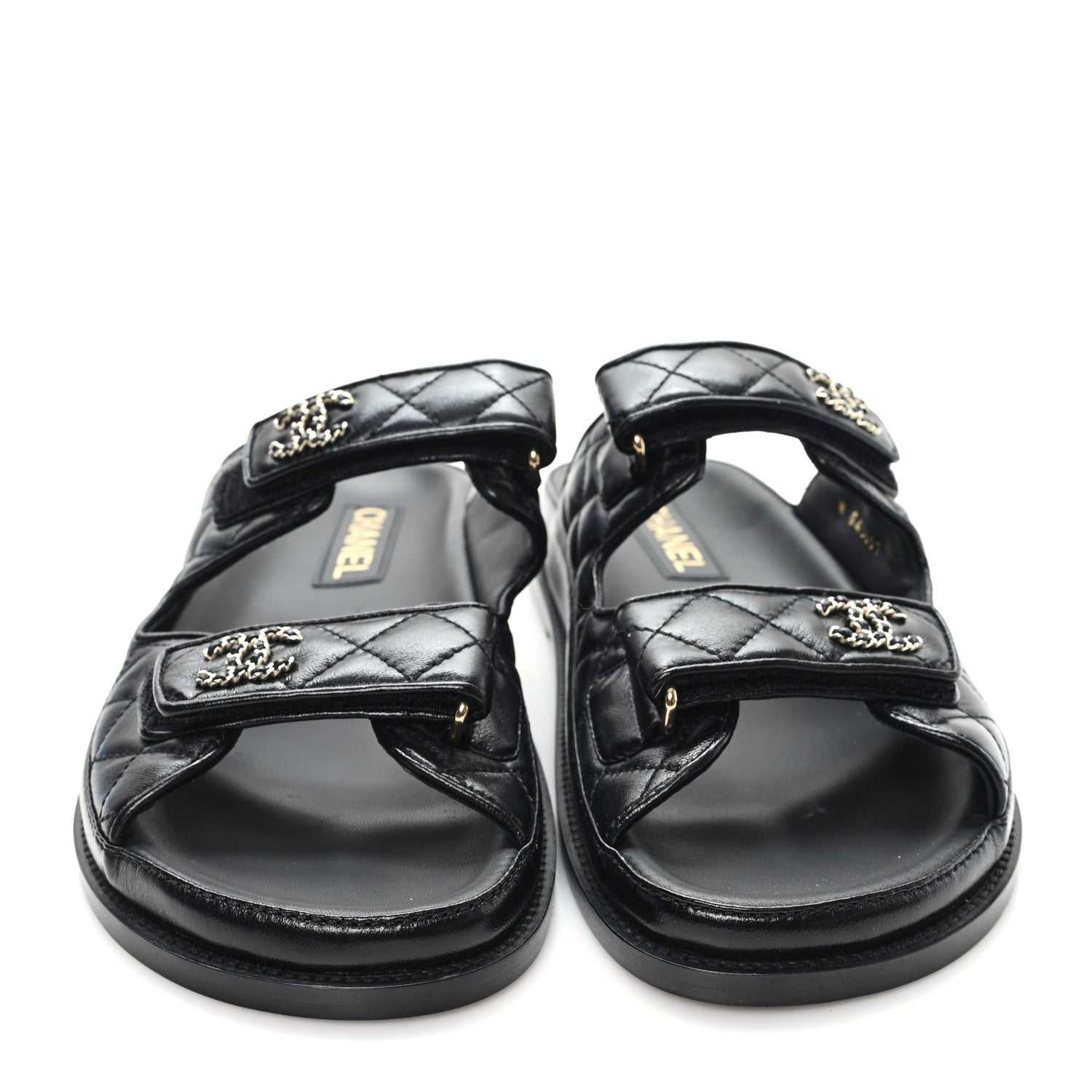 Lambskin Quilted Velcro Dad Chain CC Slide Sandals 40 Black
