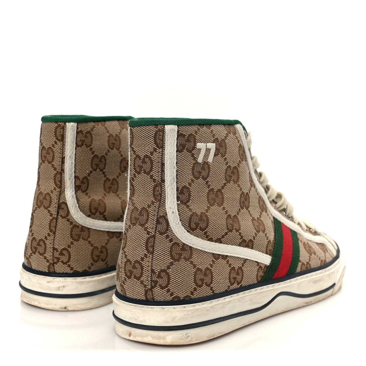 GG Monogram Web Mens 1977 Tennis High Top Sneakers 6.5 Beige Ebony Mystic White