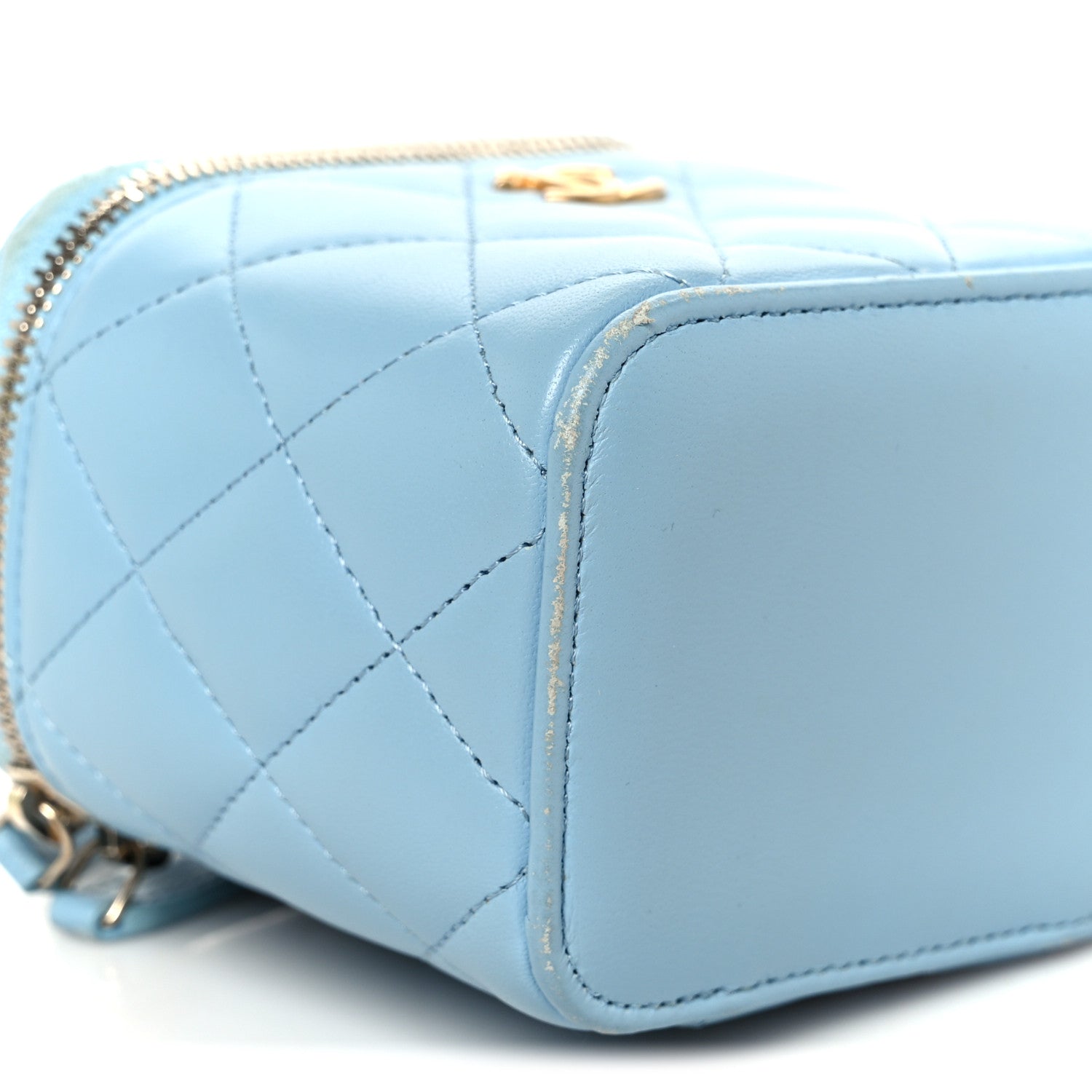 Lambskin Quilted Pearl Crush Mini Vanity Case With Chain Light Blue