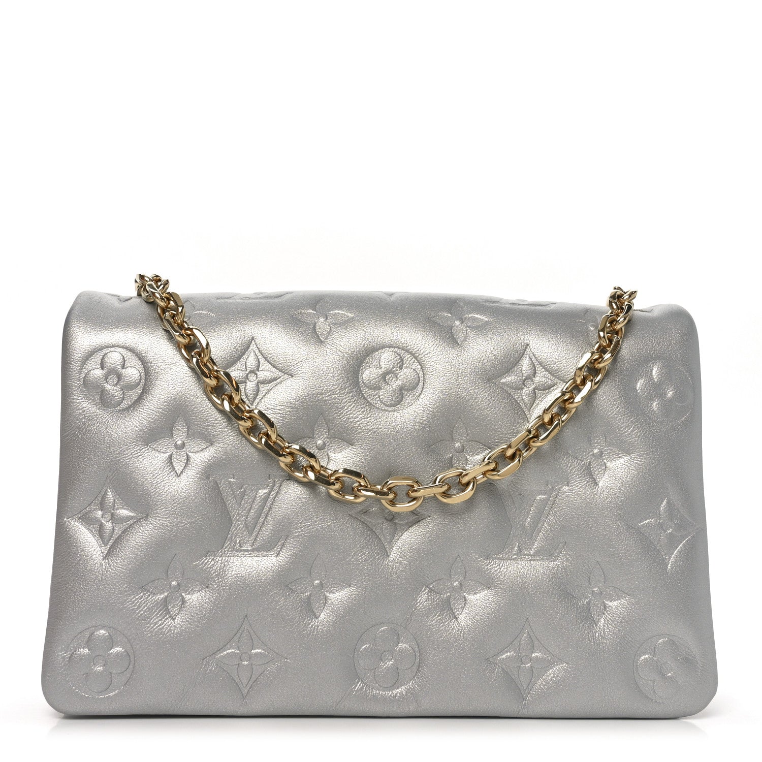 Metallic Lambskin Embossed Monogram Pochette Coussin Silver