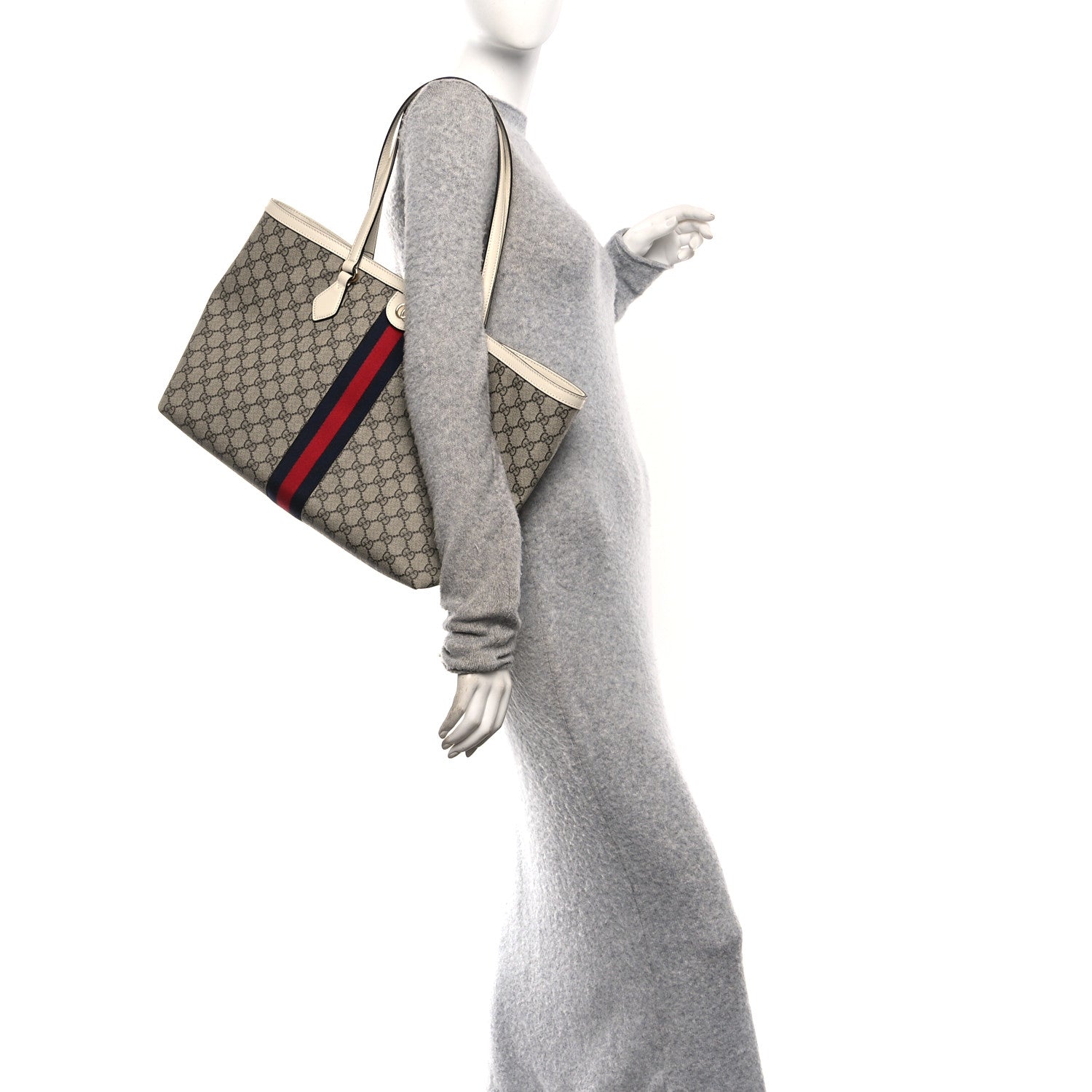GG Supreme Monogram Textured Dollar Calfskin Web Medium Ophidia Shopping Tote Beige Ebony Mystic White