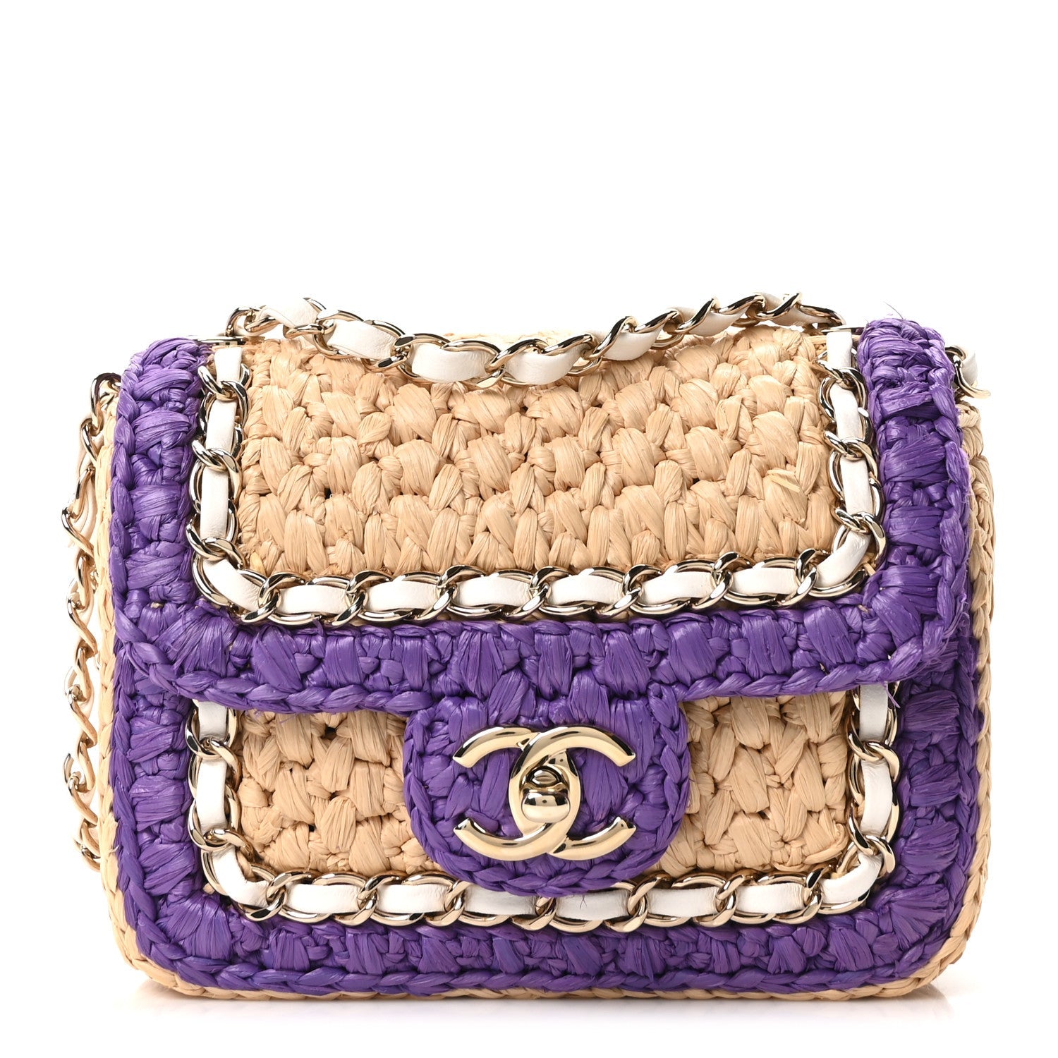 Raffia Chain Venice Beach Mini Flap Bag Beige Purple
