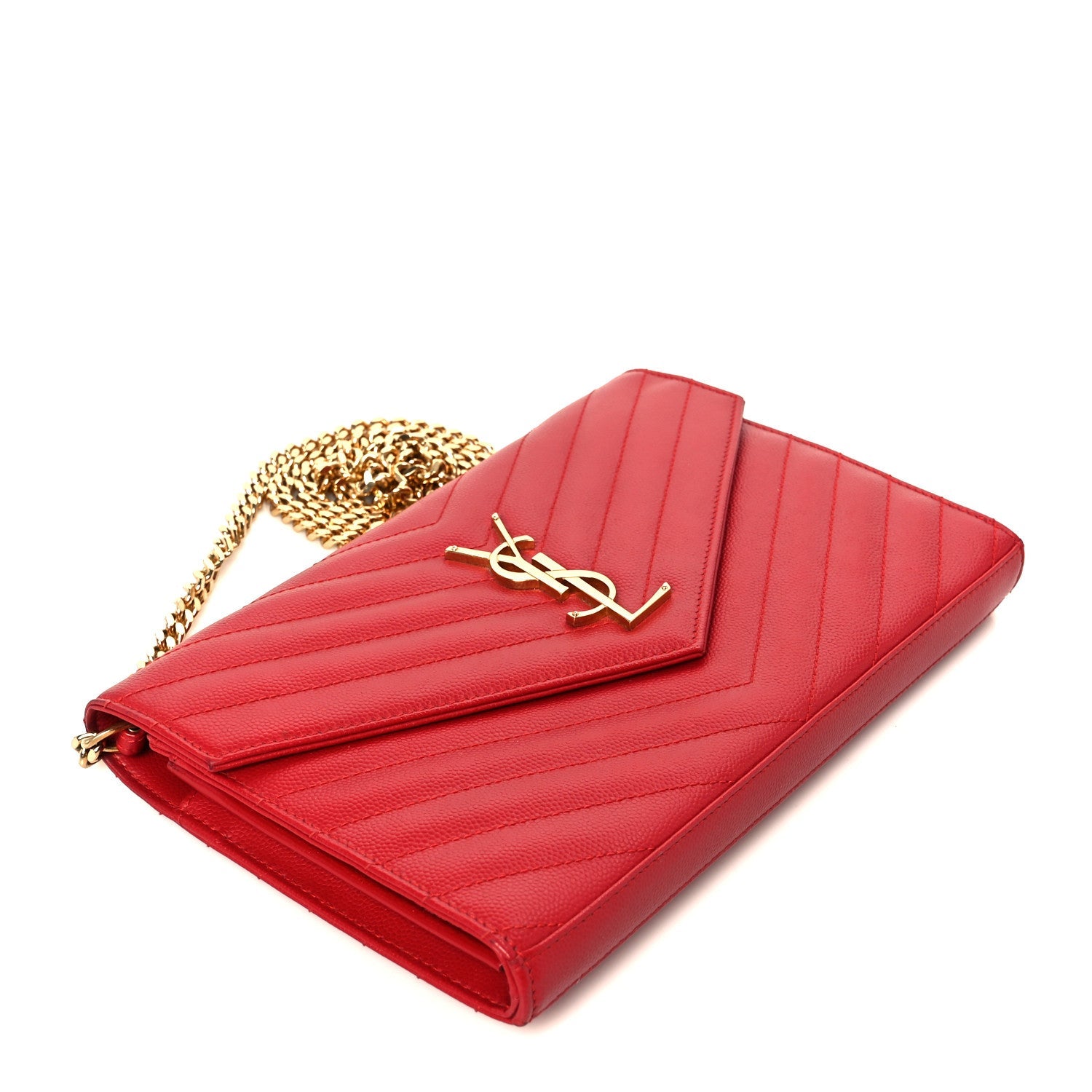 Grain De Poudre Matelasse Chevron Monogram Chain Wallet Red