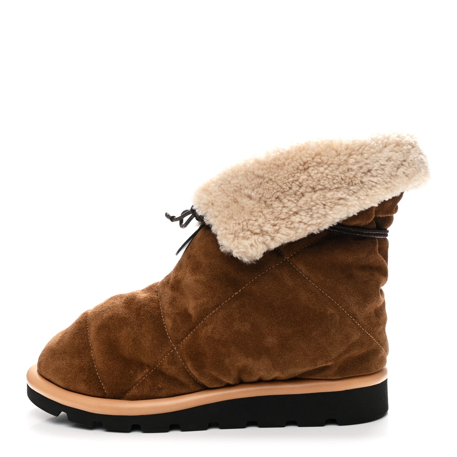 Suede Shearling Quilted Flat Ankle Boot 41 Beige