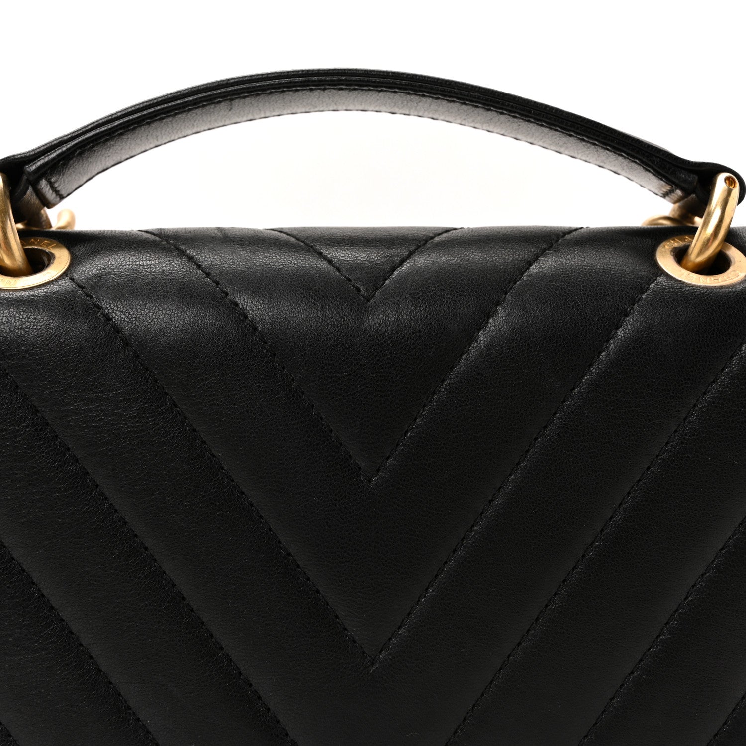 Sheepskin Chevron Stitched Chain Top Handle Flap Black