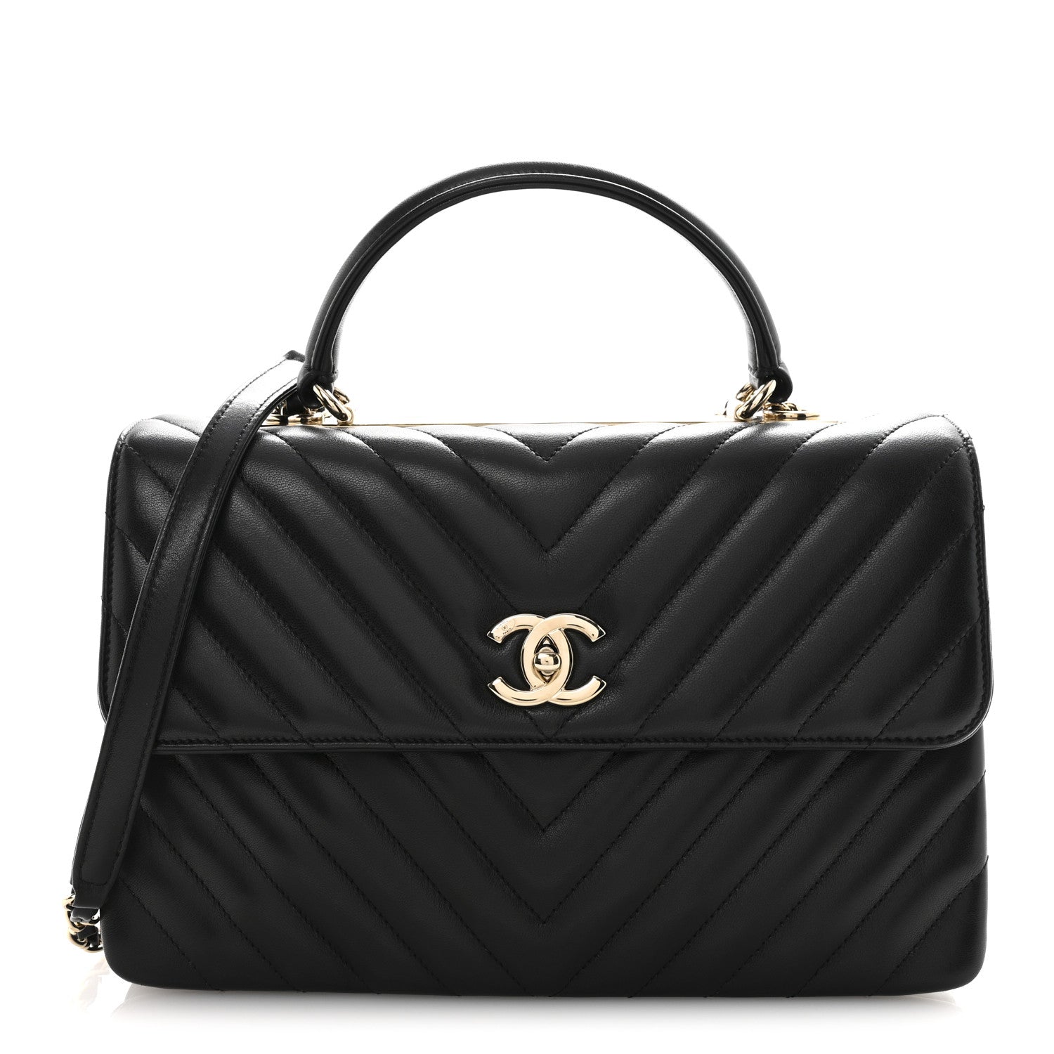 Lambskin Chevron Quilted Medium Trendy CC Dual Handle Flap Bag Black