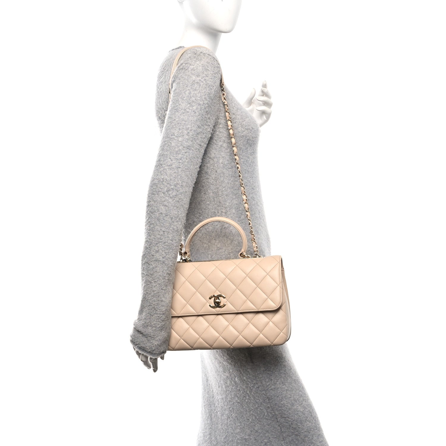 Lambskin Quilted Medium Trendy CC Flap Dual Handle Bag Beige