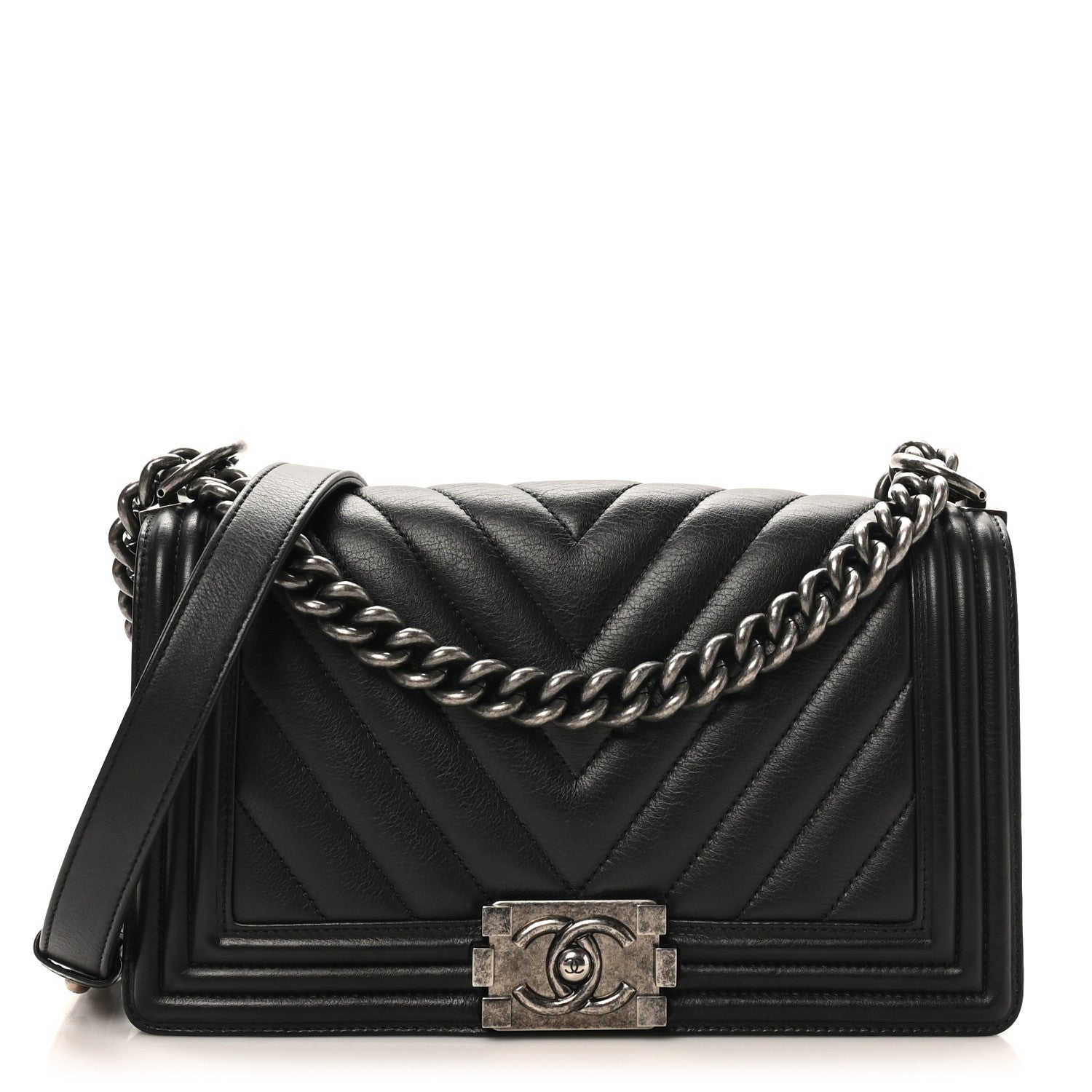 Calfskin Chevron Quilted Medium Boy Flap Black