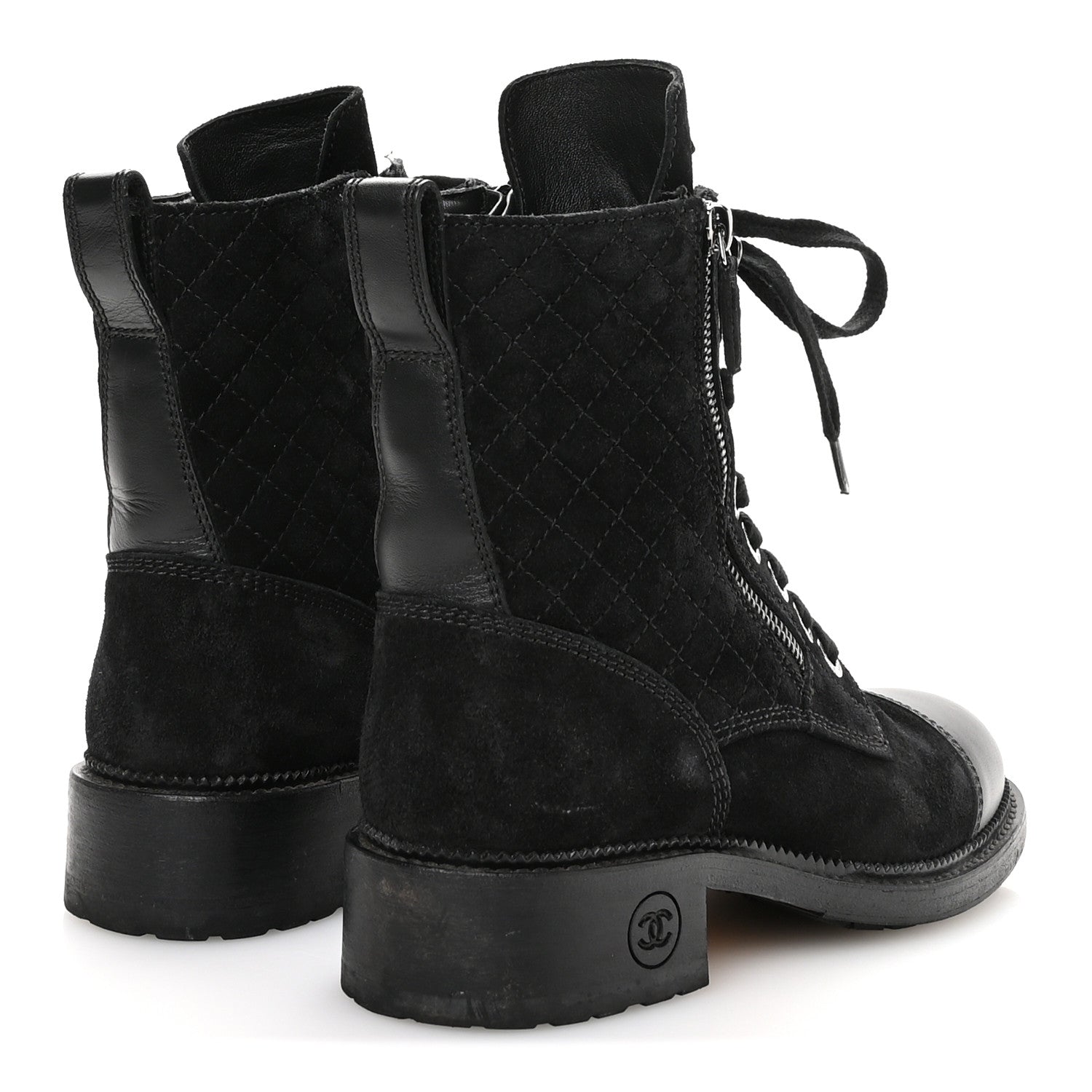 Suede Calfskin Quilted Lace Up Combat Boots 37 Black
