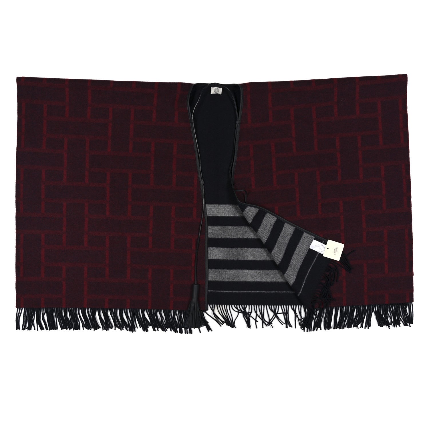 Wool Cashmere Sikkim Calfskin Quadrille Poncho Navy Rouge H