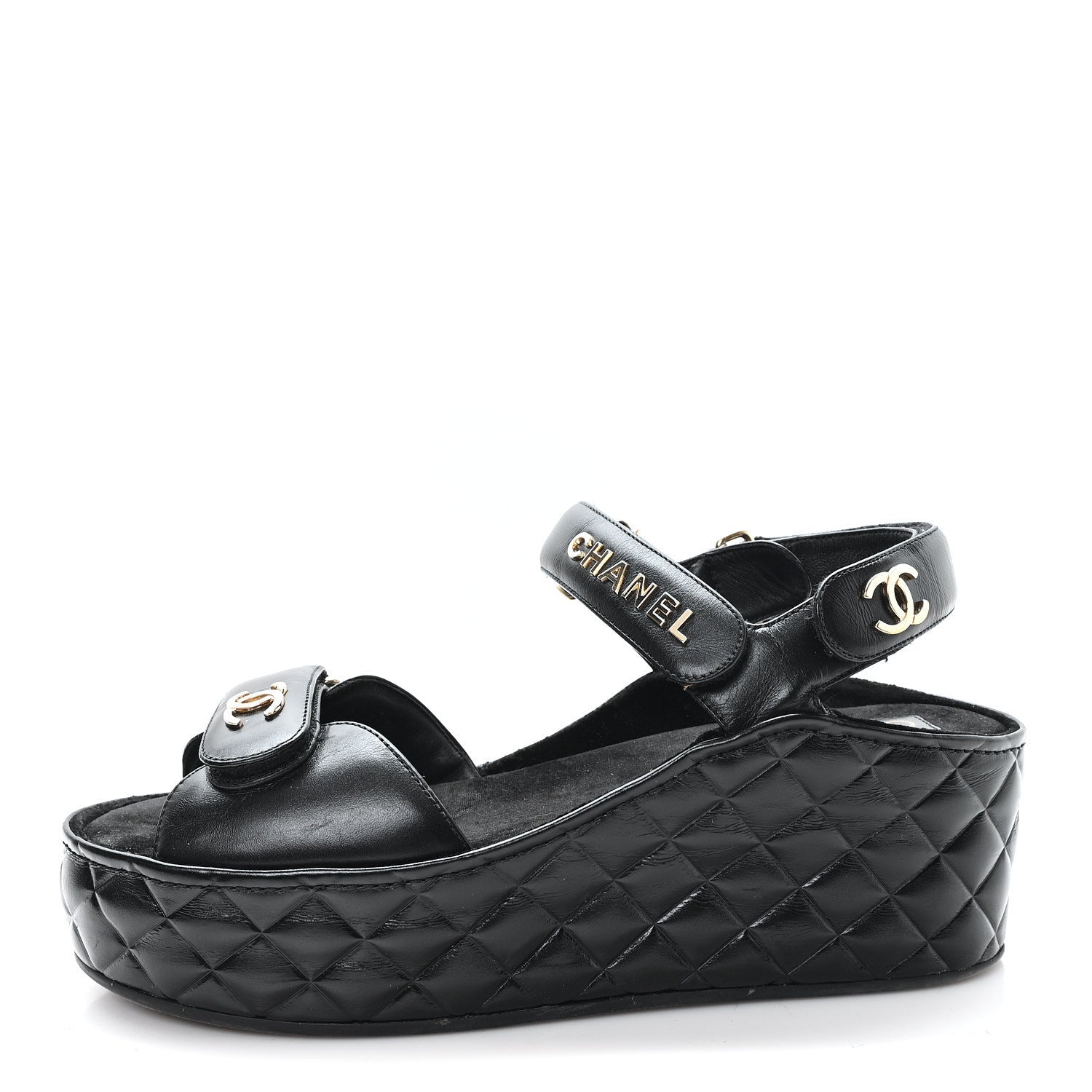 Shiny Calfskin Logo Platform Sandals 40 Black
