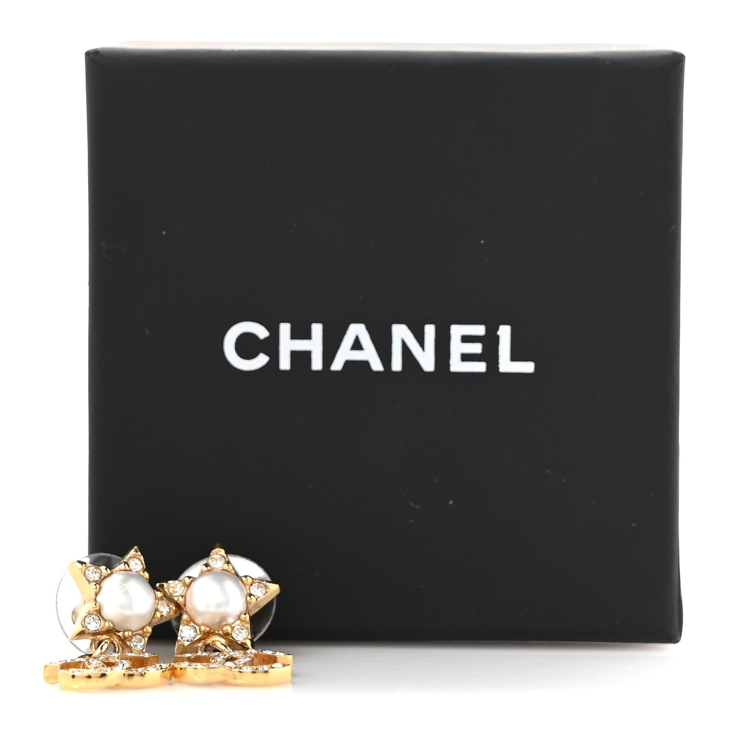Crystal CC Pearl Star Drop Earrings Gold