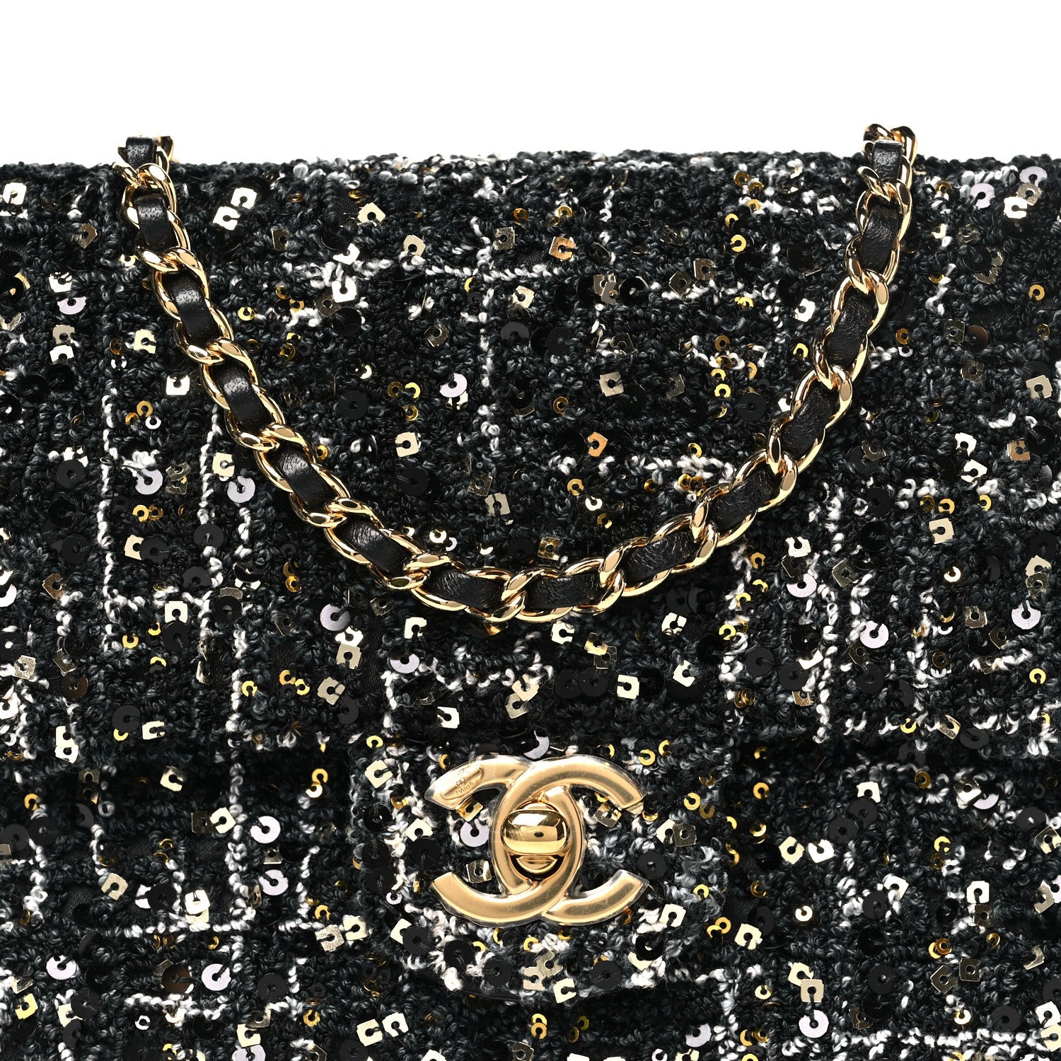 Tweed Sequin Small Single Flap Black Silvery Golden