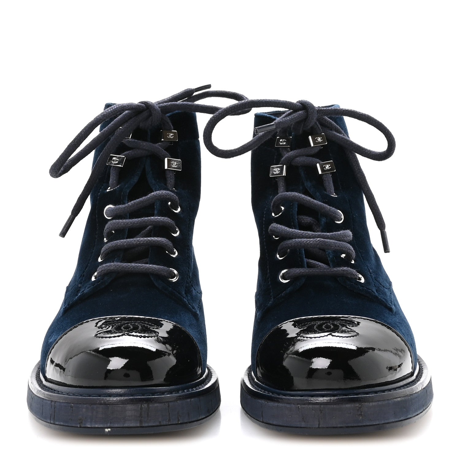 Velvet Patent Calfskin Lace Up Combat Boots 36.5 Blue Black