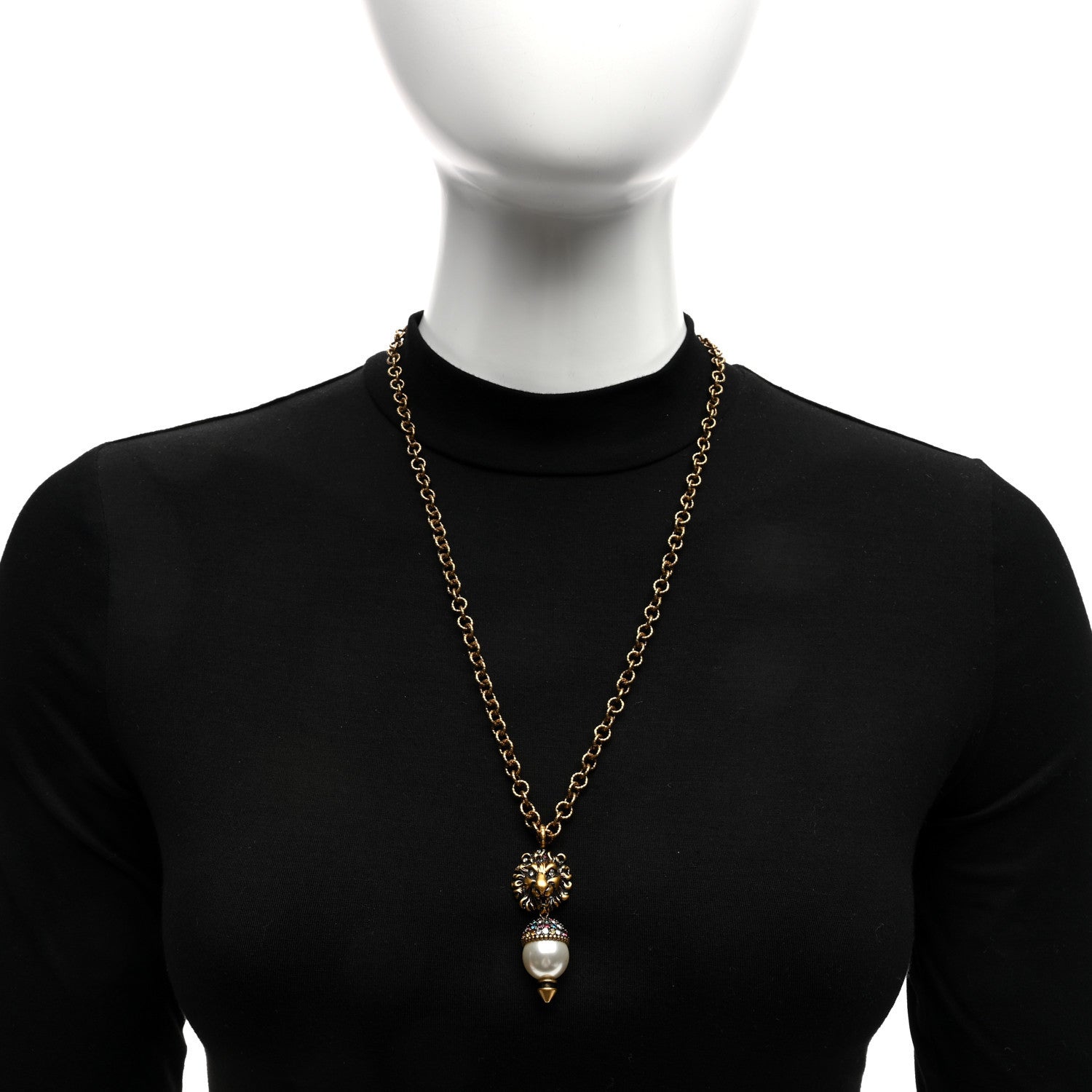 Metal Crystal Pearl Lion Head Necklace Aged Gold