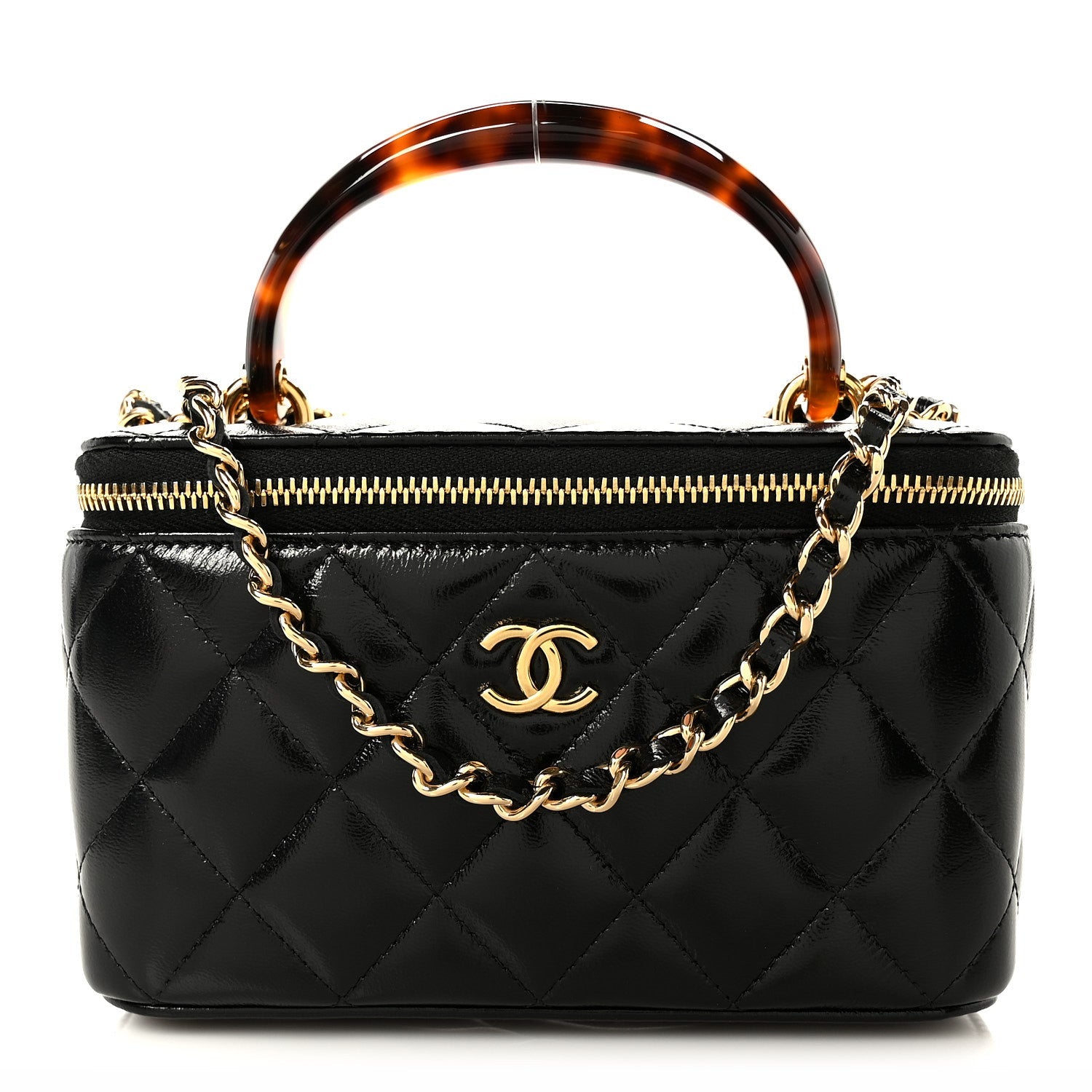 Shiny Lambskin Quilted Small Plexiglass Top Handle Vanity Case With Chain Black Tortoise
