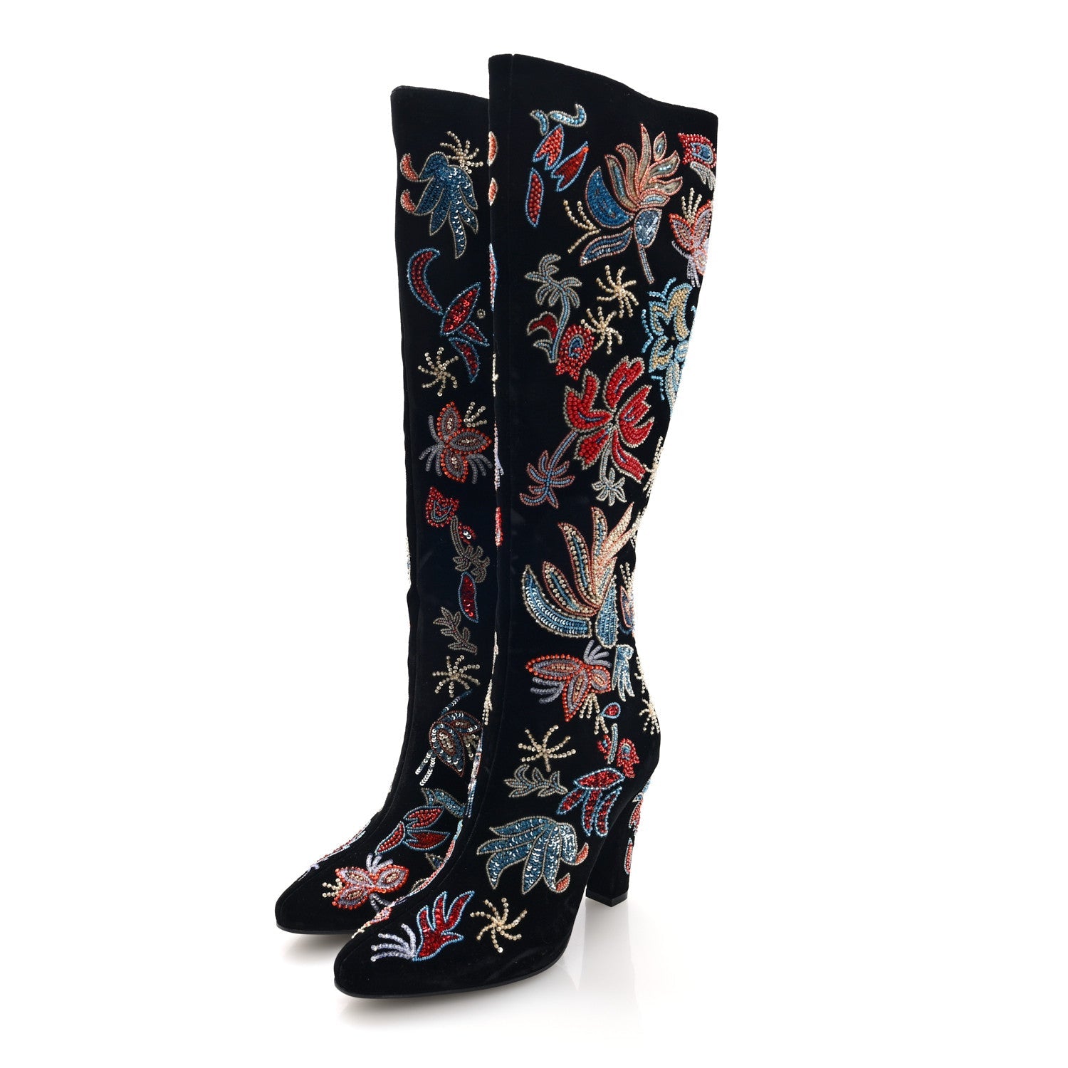 Velvet Embroidered Claire Boots 36 Black