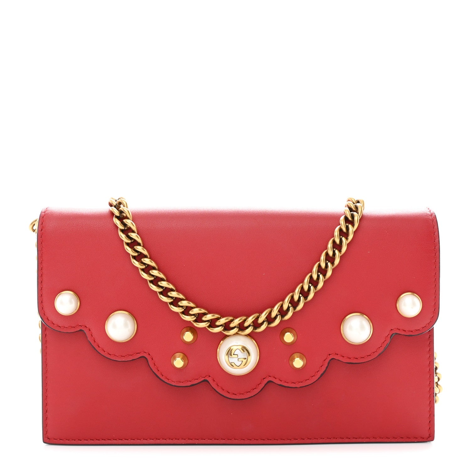 Calfskin Mini Peony Pearly Wallet on Chain Red