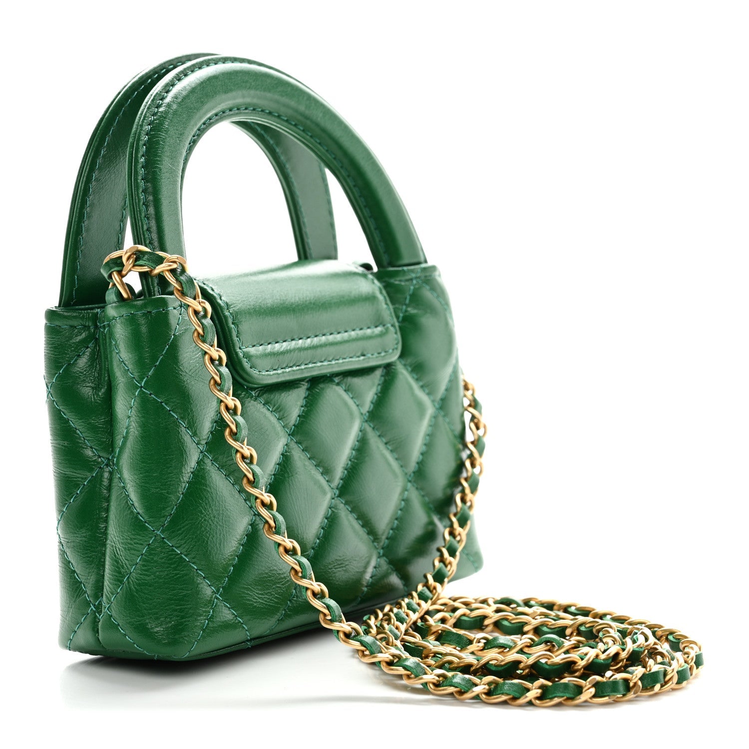 Shiny Aged Calfskin Quilted Mini Nano Kelly Shopper Green