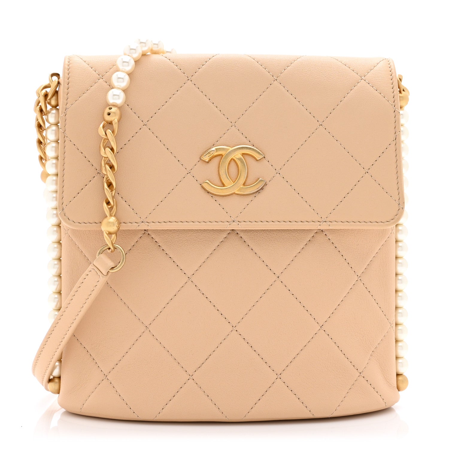Calfskin Quilted Pearl Small Hobo Bag Beige