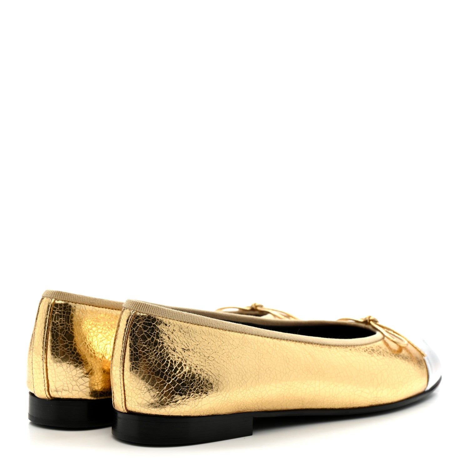 Crackled Laminated Calfskin CC Cap Toe Ballerina Flats 36.5 Gold Silver
