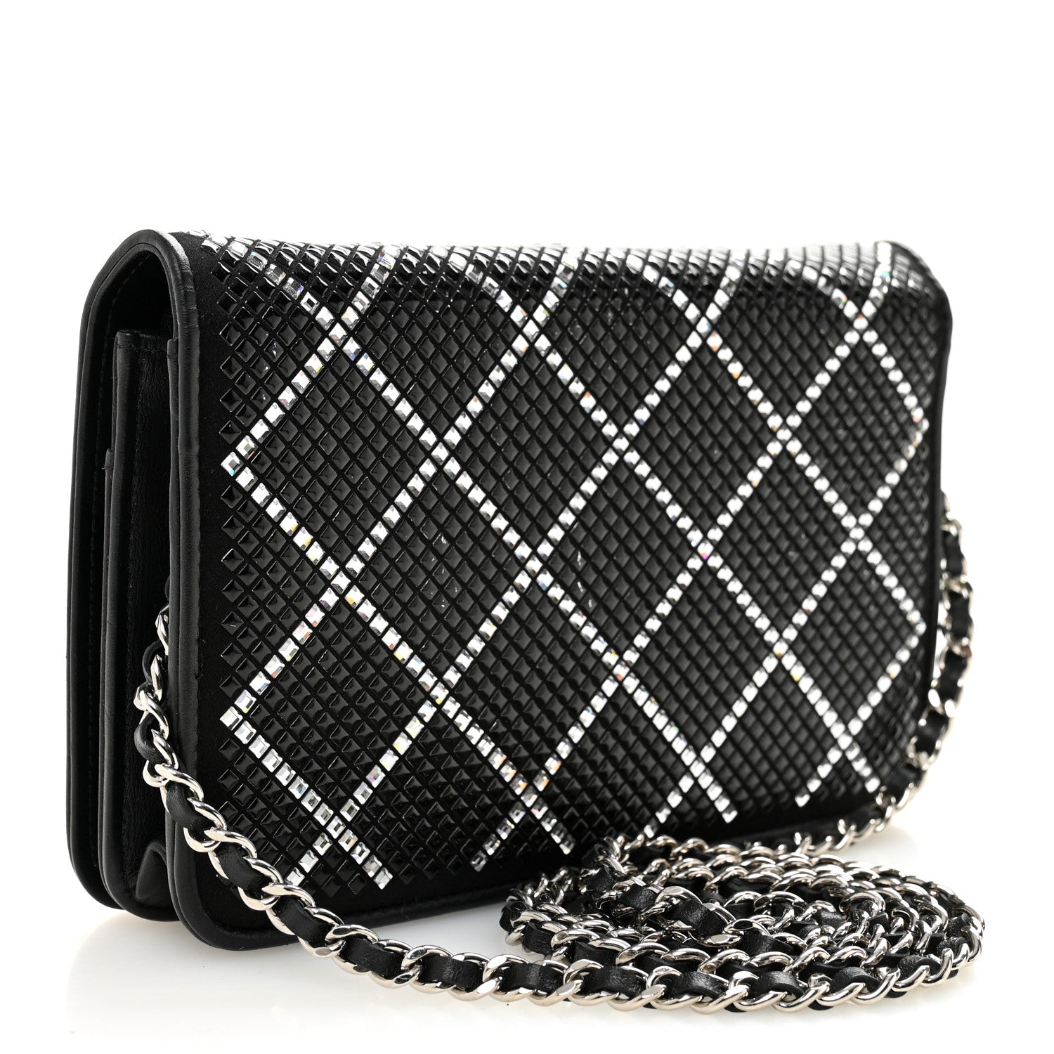 Lambskin Crystal Quilted Wallet On Chain WOC Black