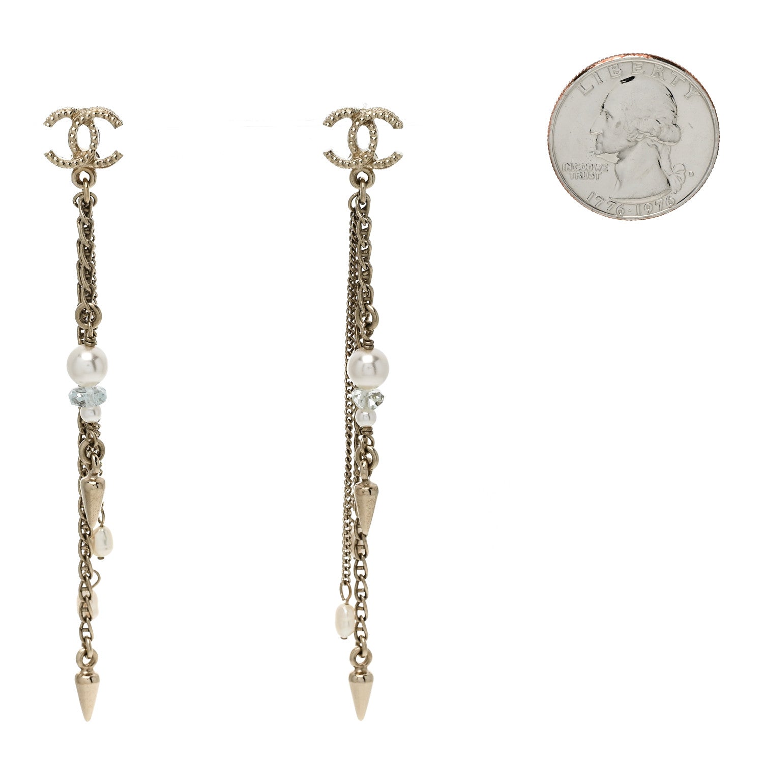 Chain Pearl CC Drop Earrings Light Gold