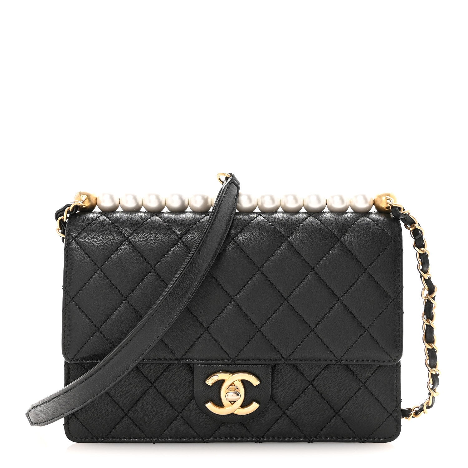 Goatskin Quilted Small Chic Pearls Flap Black