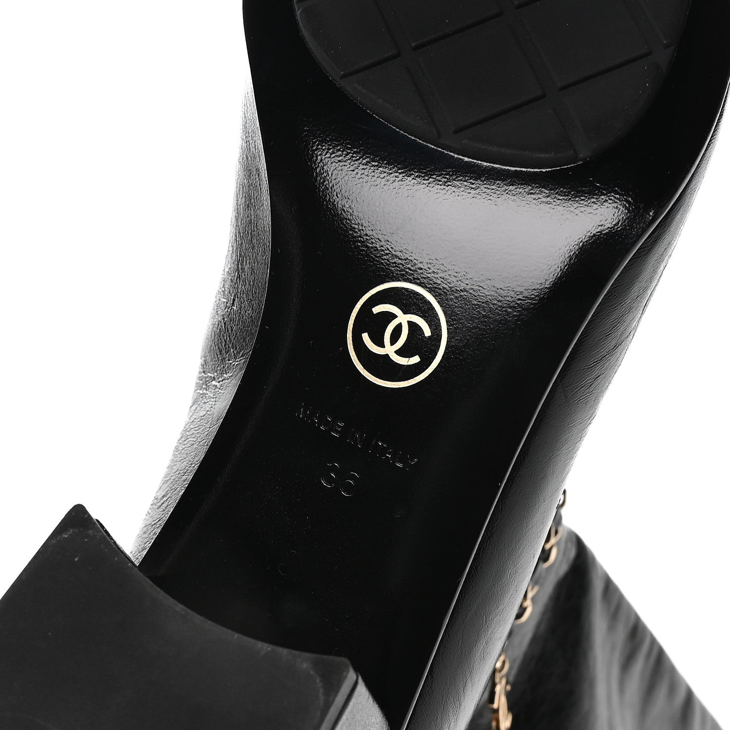 Crumpled Calfskin Cap Toe Chain Boots 36 Black