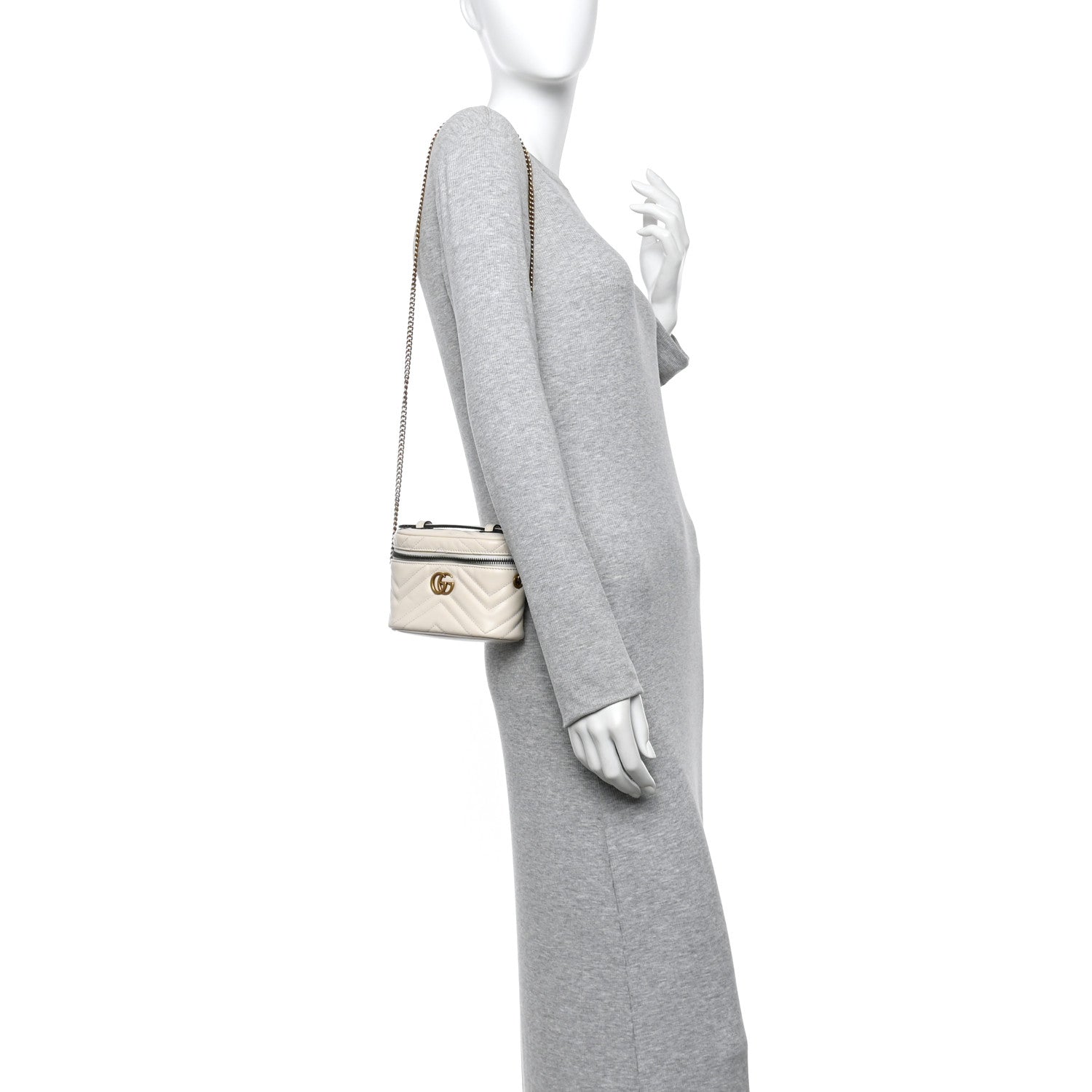 Calfskin Matelasse Chevron Mini GG Marmont Top Handle Bag Mystic White