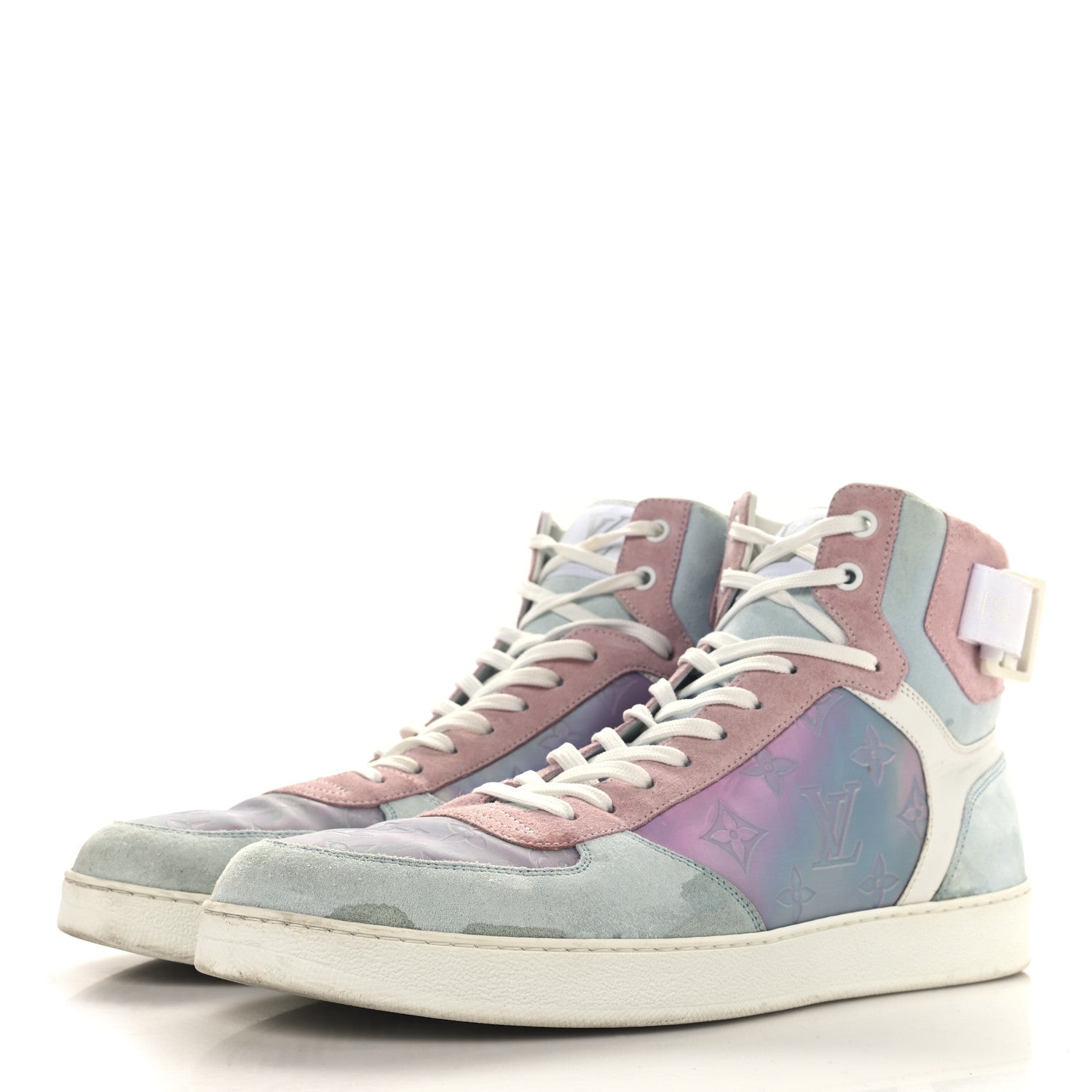 Calfskin Suede Monogram Mens Rivoli High Top Sneakers 10 White Multicolor
